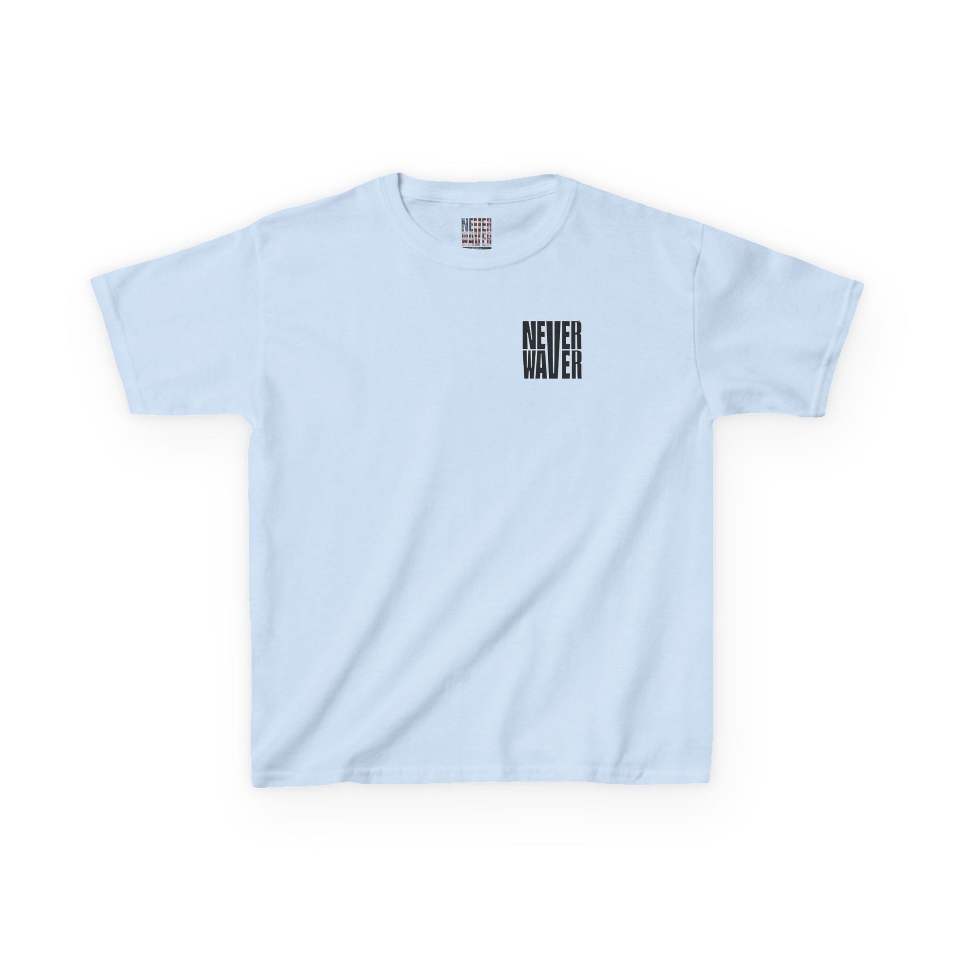 Kids Tee Never Waver” Jesus t-shirt might feature a bold, eye-catching design that reflects a steadfast faith and confidence in Christ.  - Never Waver