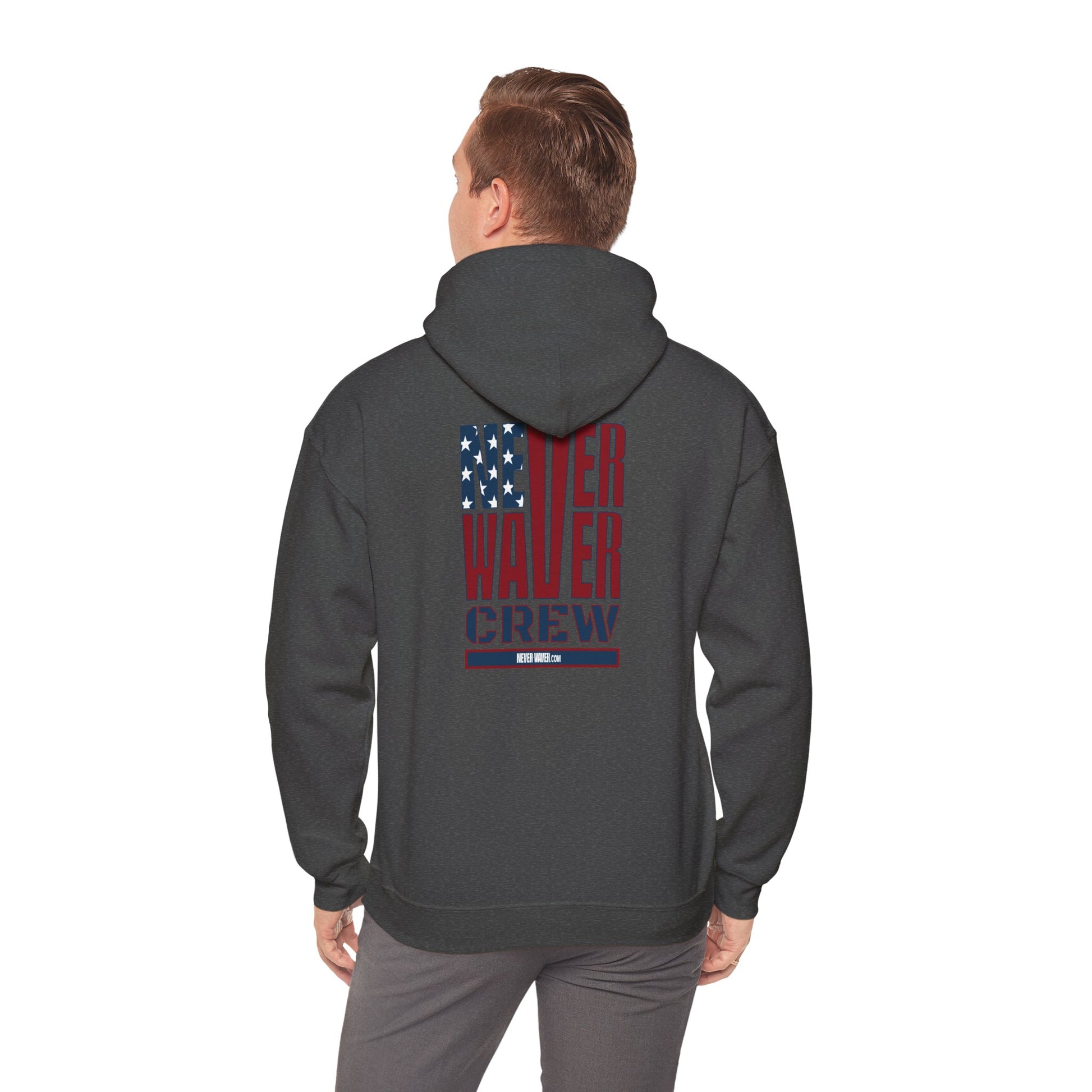 Unisex Heavy Blend™ Hooded Sweatshirt - Never Waver Crew with  American Flag Design - Never Waver