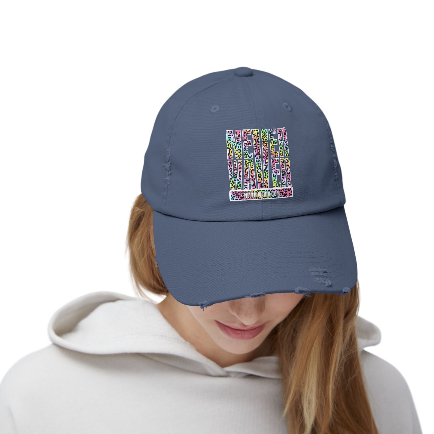 Unisex Distressed Cap - 'NEVER WAVER' Inspirational Hat for Everyday Wear Multi Color Leopard
