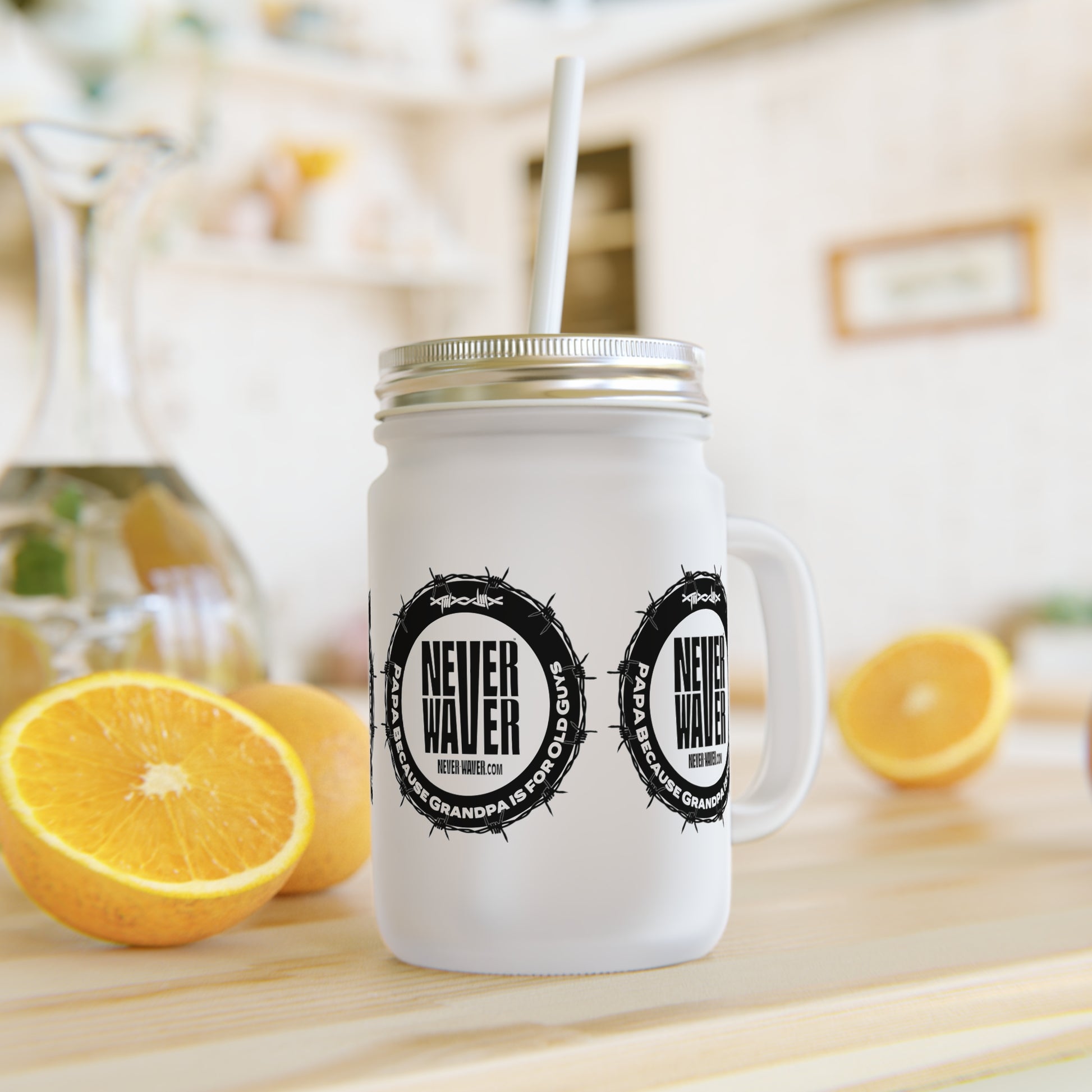 Never Waver PAPA Because Grandpa Is For Old Guys Mason Jar with Straw - Perfect Gift for Father's Day or Independence Day - Never Waver
