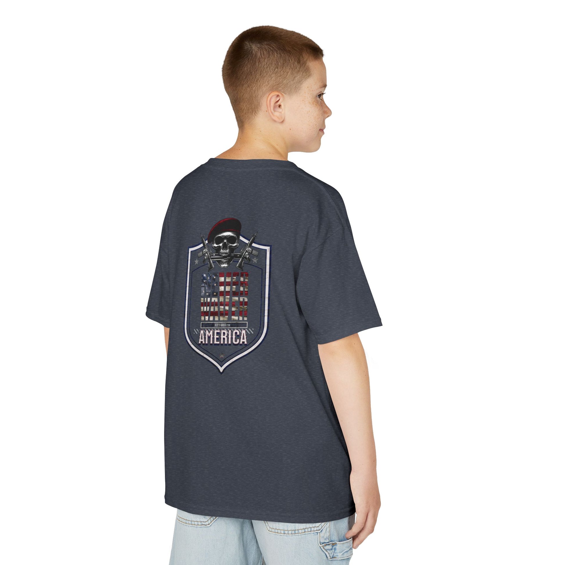 Patriotic Kids Heavy Cotton Tee - 'America Never Waver' USA Graphic Tee - Never Waver