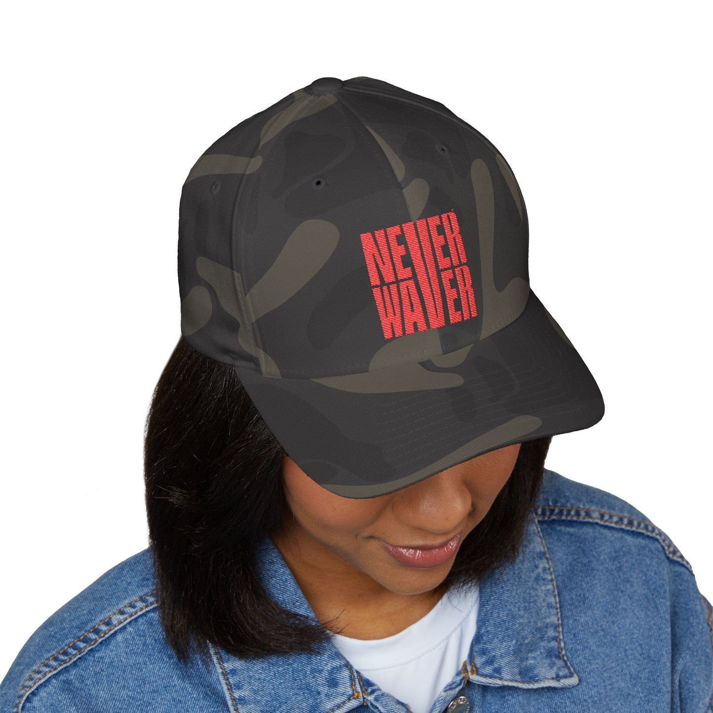 Stylish Embroidered Cap - "NEVER WAVER" Red Baseball Hat