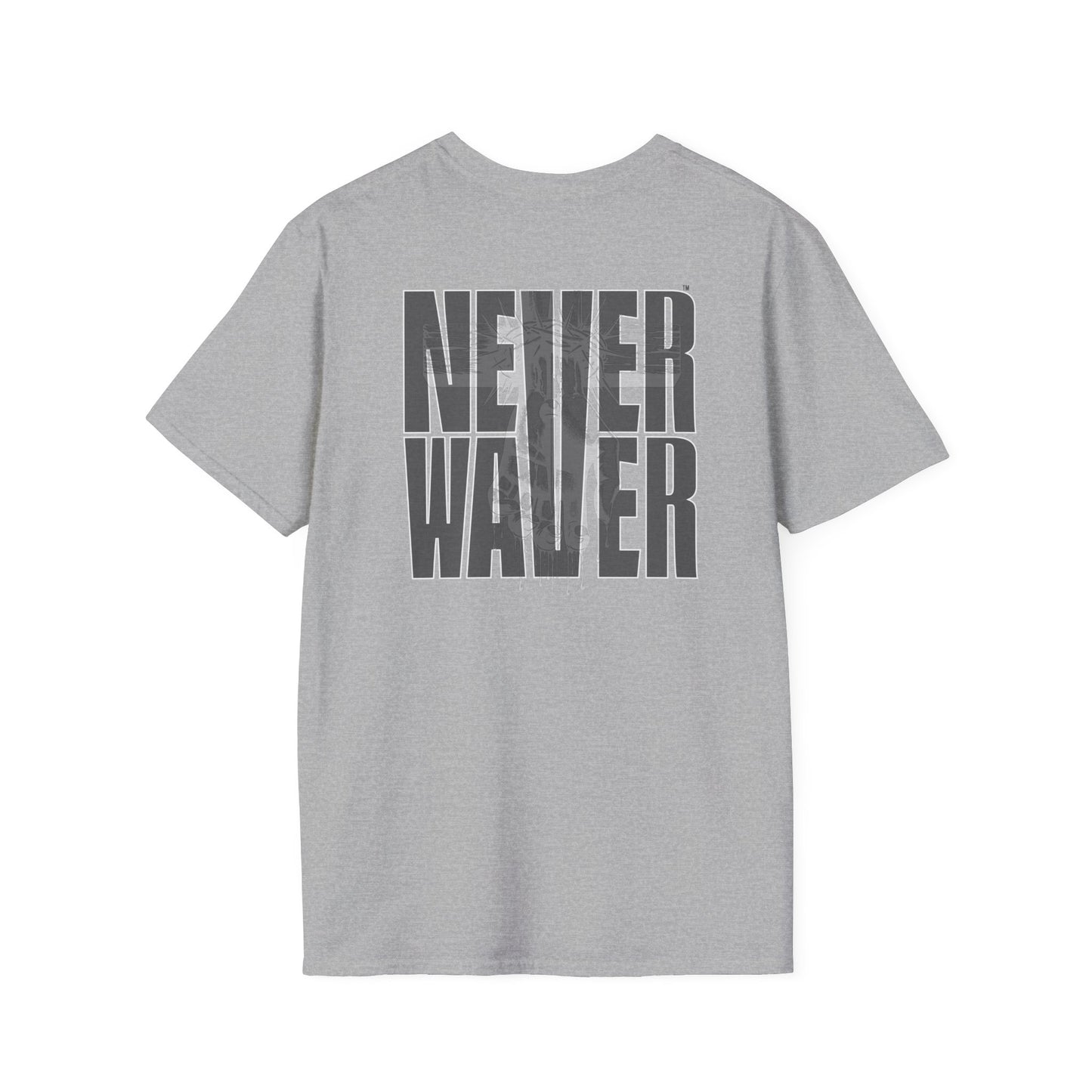 Never Waver” Jesus a bold, eye-catching design that reflects a steadfast faith and confidence in Christ. Unisex Soft style T-Shirt - Never Waver
