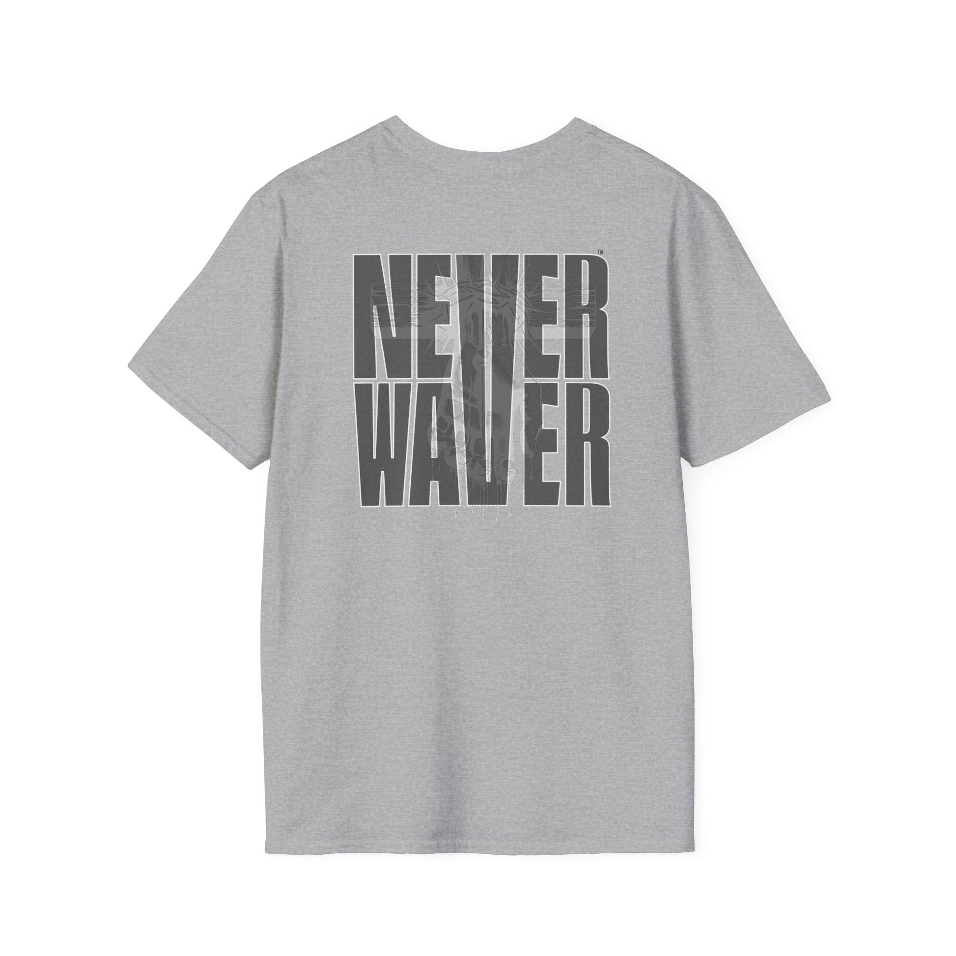 Never Waver” Jesus a bold, eye-catching design that reflects a steadfast faith and confidence in Christ. Unisex Soft style T-Shirt - Never Waver
