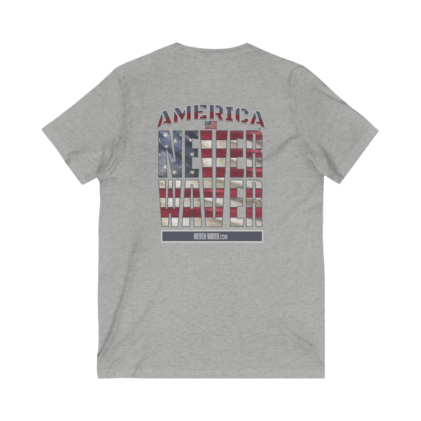Unisex V-Neck Tee - 'America Never Wavers' Patriotic Shirt - Never Waver