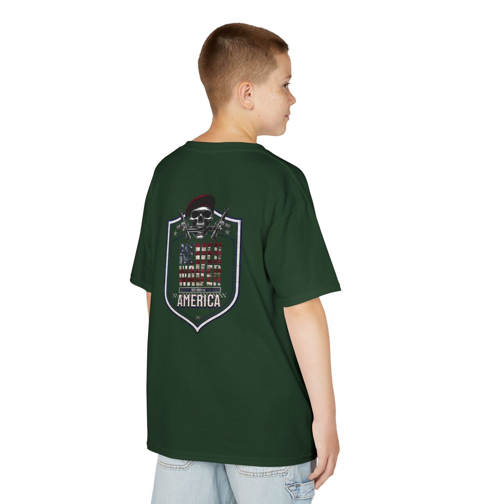 Patriotic Kids Heavy Cotton Tee - 'America Never Waver' USA Graphic Tee - Never Waver