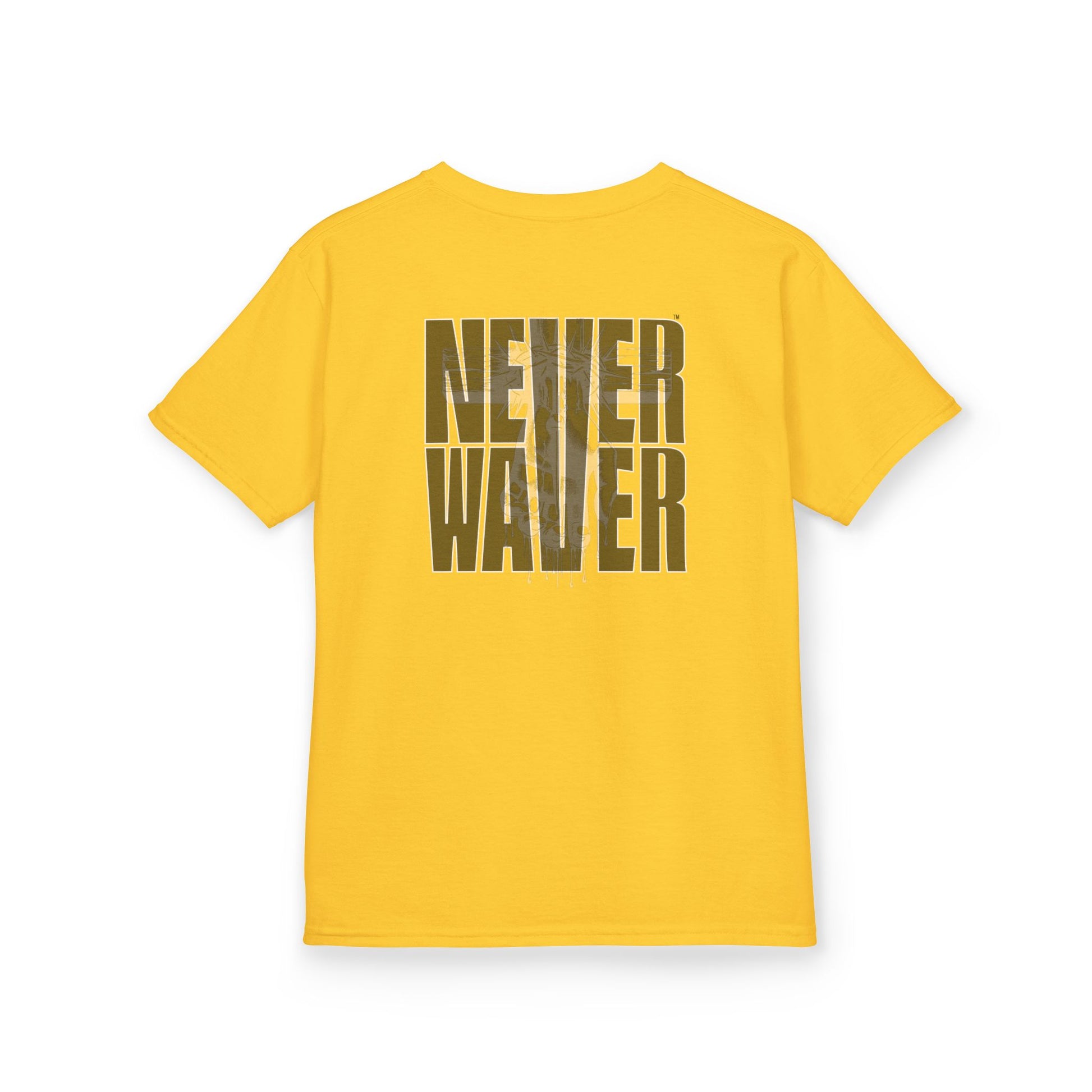 Kids Tee Never Waver” Jesus t-shirt might feature a bold, eye-catching design that reflects a steadfast faith and confidence in Christ.  - Never Waver
