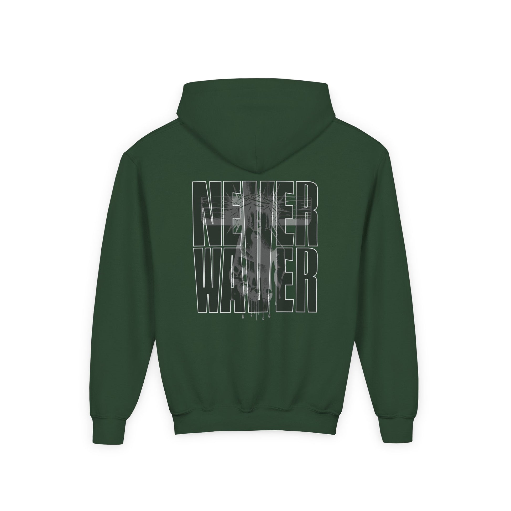Hoodie - "Never Waver” Jesus a bold, eye-catching design that reflects a steadfast faith and confidence in Christ. " Sweatshirt for Young - Never Waver