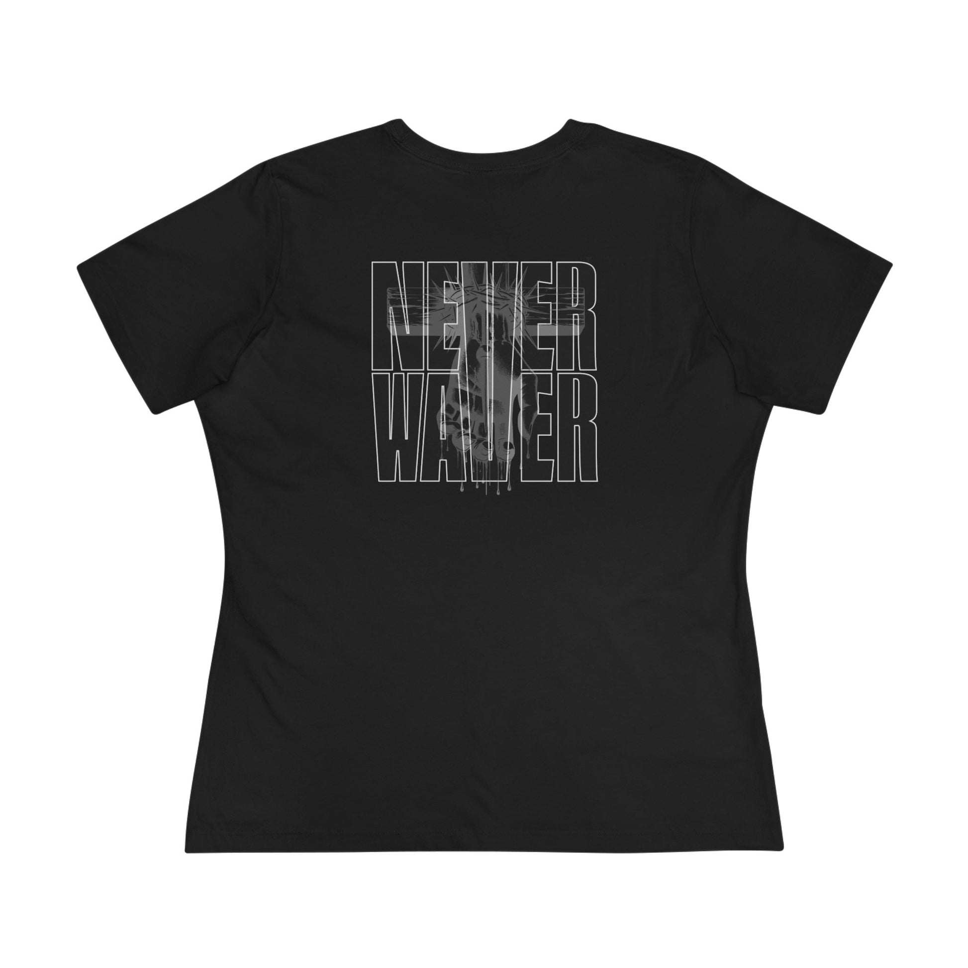 Never Waver” Jesus t-shirt might feature a bold, eye-catching design that reflects a steadfast faith and confidence in Christ.  Women's Cotton Tee - Never Waver