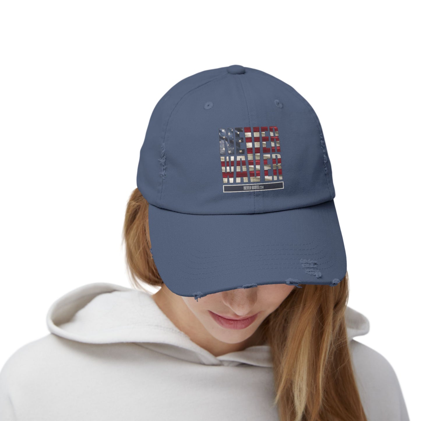 Distressed Cap - "Never Waver" Statement Hat for Everyday Style Patriotic