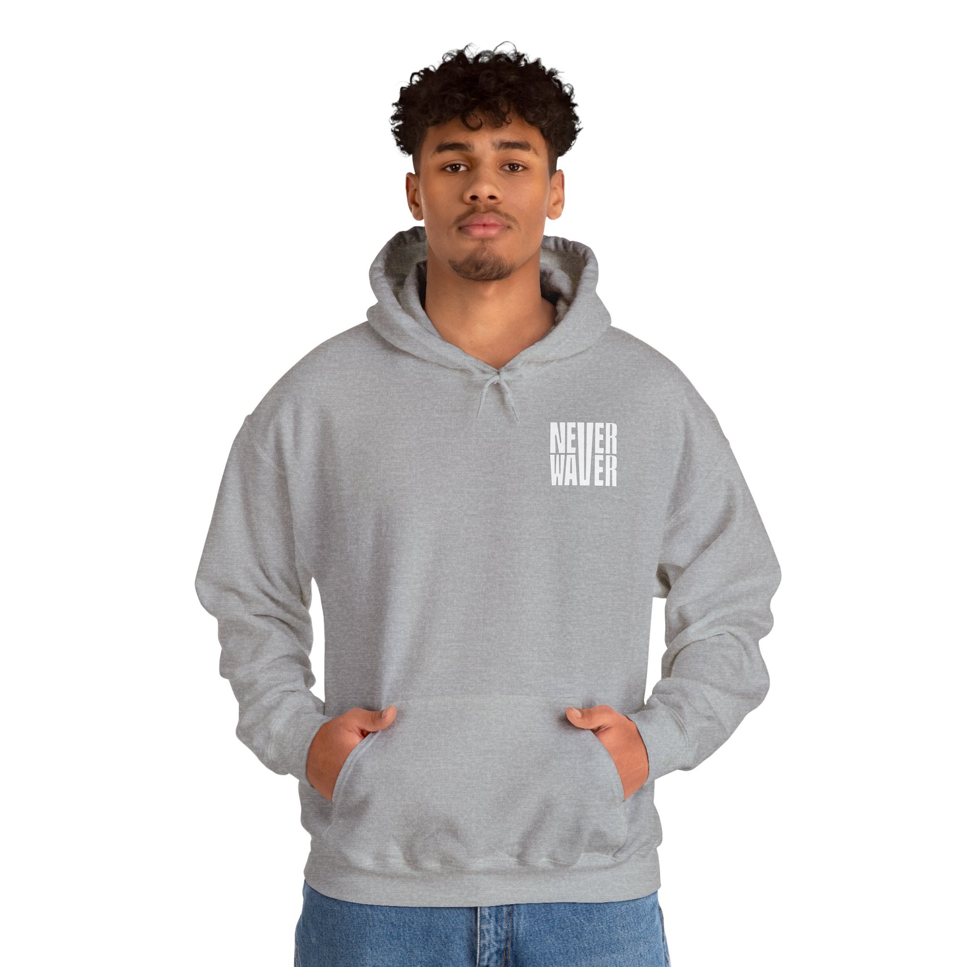 Never Waver” Jesus a bold, eye-catching design that reflects a steadfast faith and confidence in Christ. Hoodie - Unisex Heavy Blend™ Sweatshirt - Never Waver