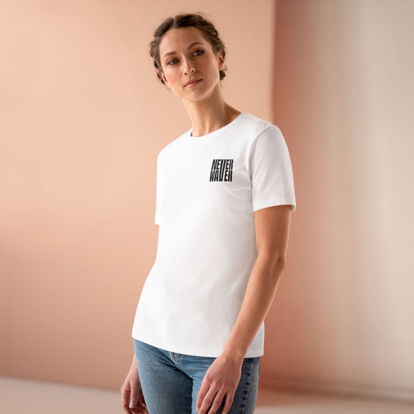 Never Waver” Jesus t-shirt might feature a bold, eye-catching design that reflects a steadfast faith and confidence in Christ.  Women's Cotton Tee - Never Waver