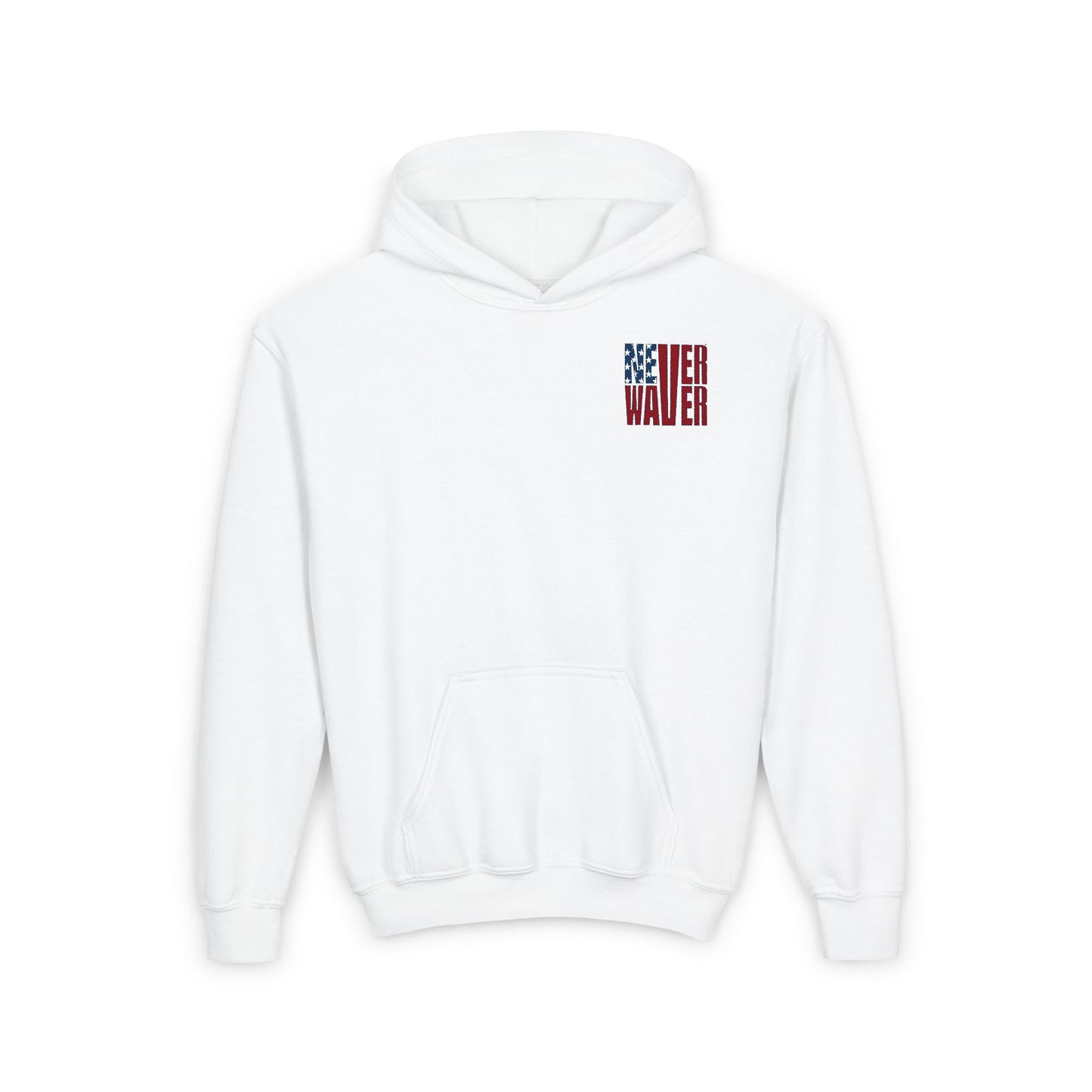 Never Waver Trump Fist Pump W Jesus Protection Vintage-Inspired Youth Hoodie with American Flag Design - Never Waver