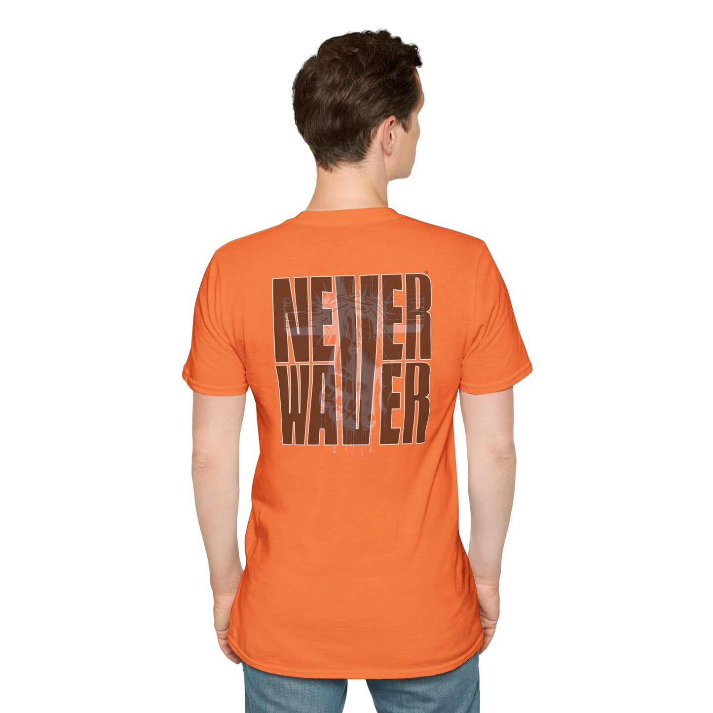 Never Waver” Jesus a bold, eye-catching design that reflects a steadfast faith and confidence in Christ. Unisex Soft style T-Shirt - Never Waver