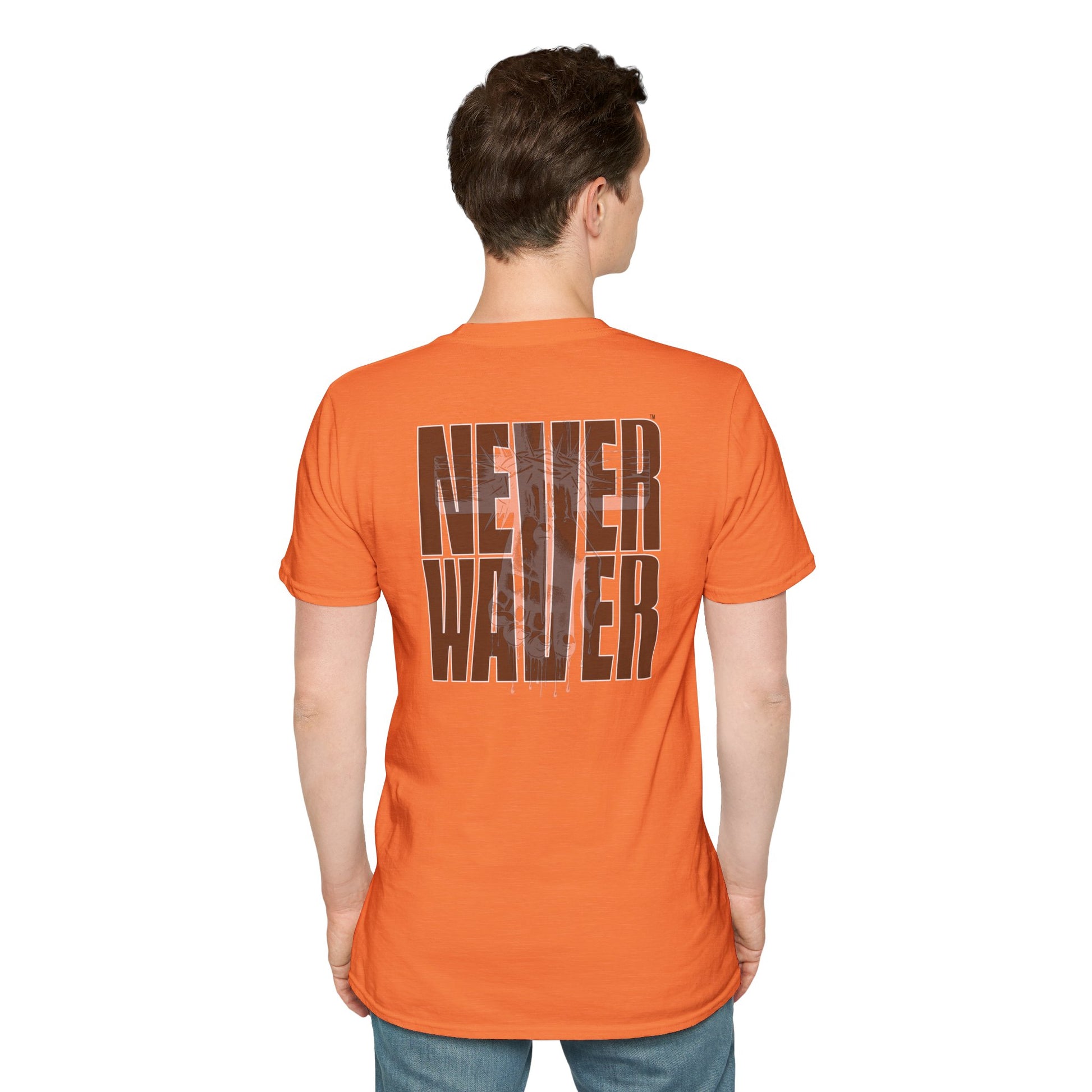 Never Waver” Jesus a bold, eye-catching design that reflects a steadfast faith and confidence in Christ. Unisex Soft style T-Shirt - Never Waver