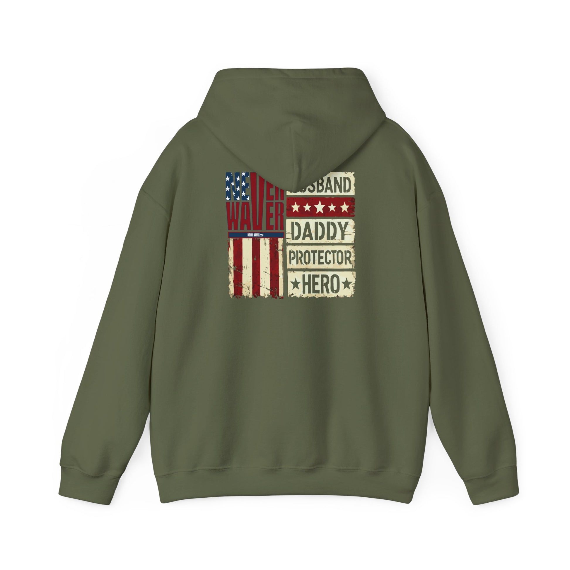 Never Waver Husband Daddy Protector Hero Unisex Heavy Blend™ Hooded Sweatshirt - Cozy, Motivational Apparel for Everyday Wear - Never Waver