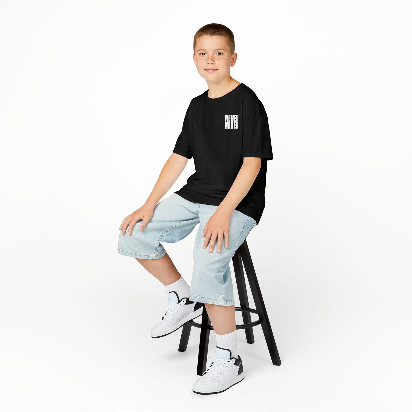 Kids Golf Tee -Never Waver” Jesus a bold, eye-catching design that reflects a steadfast faith and confidence in Christ. - Never Waver