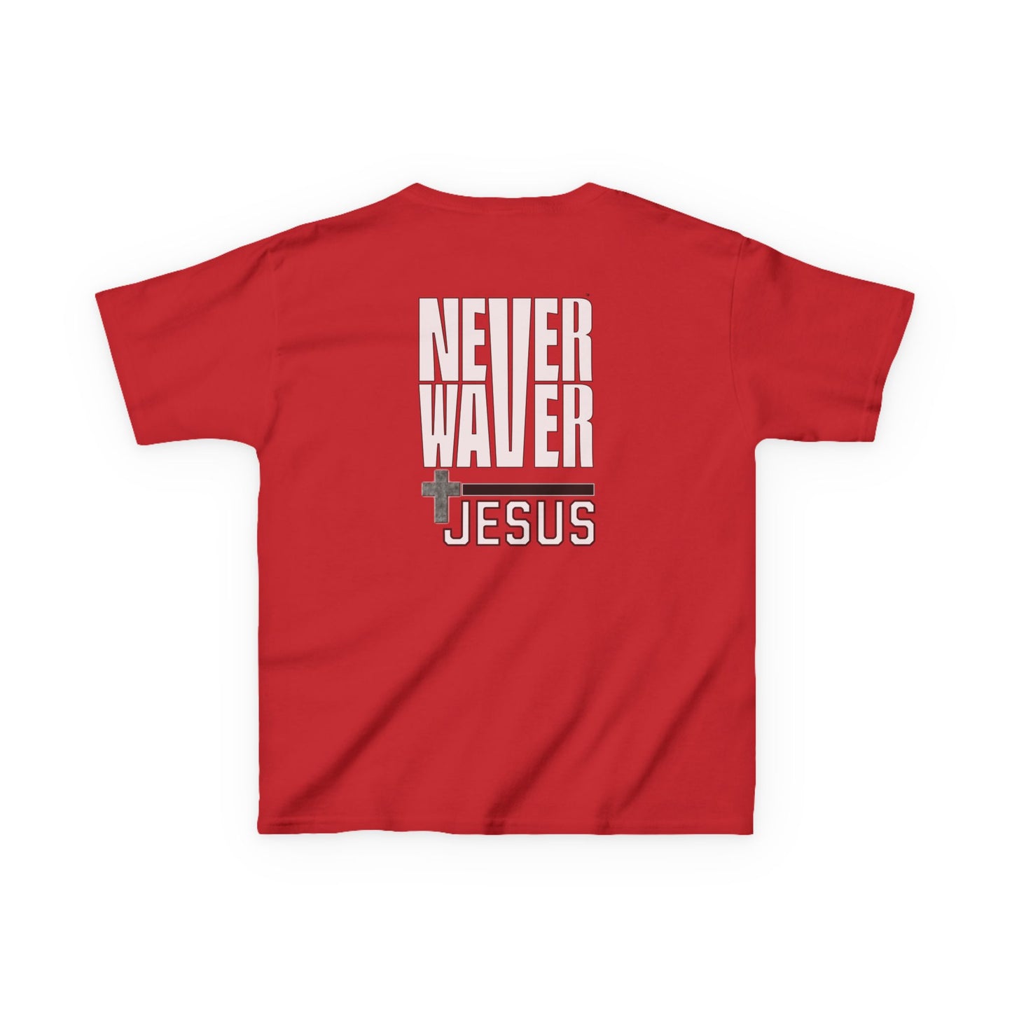 Kids Golf Tee -Never Waver” Jesus a bold, eye-catching design that reflects a steadfast faith and confidence in Christ. - Never Waver