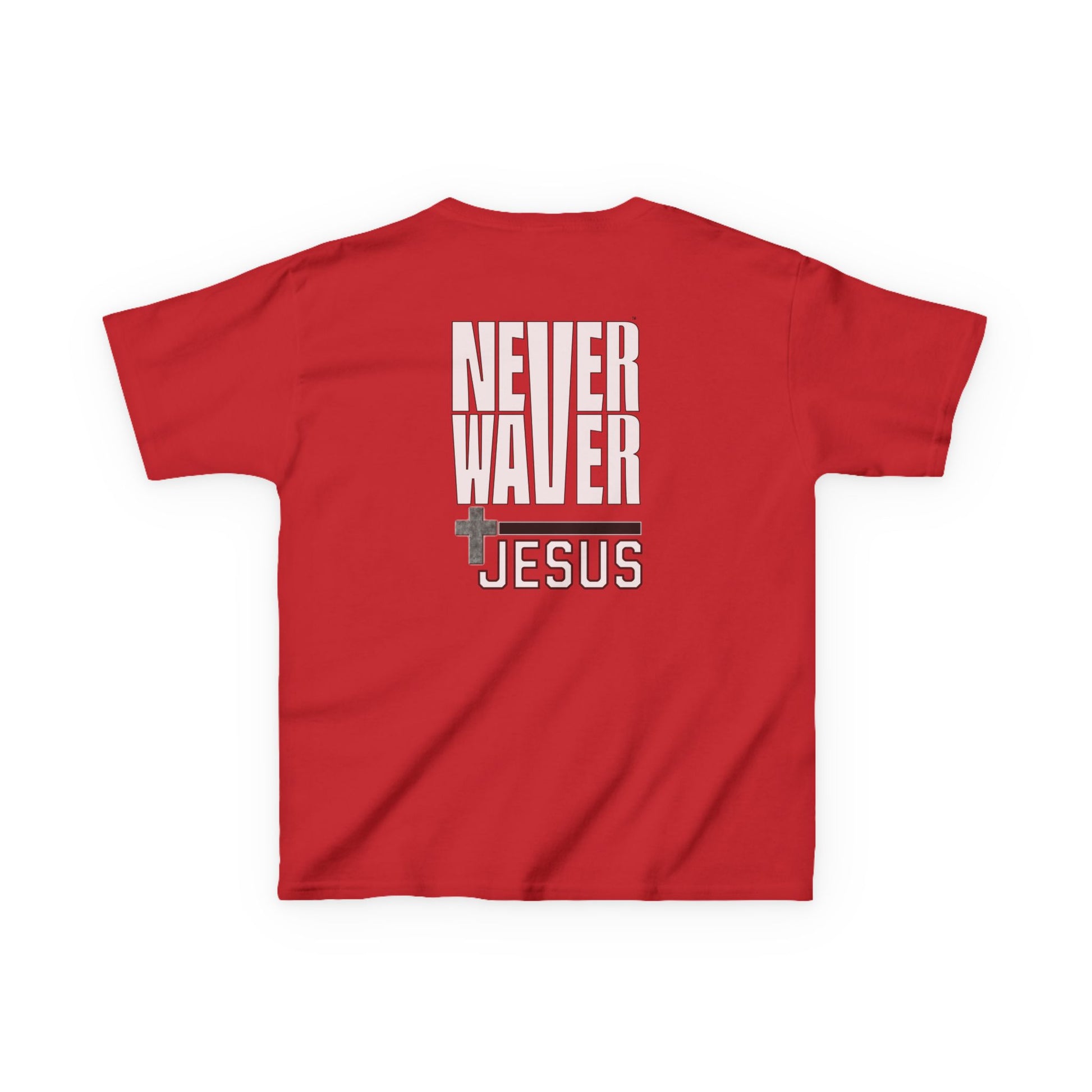 Kids Golf Tee -Never Waver” Jesus a bold, eye-catching design that reflects a steadfast faith and confidence in Christ. - Never Waver