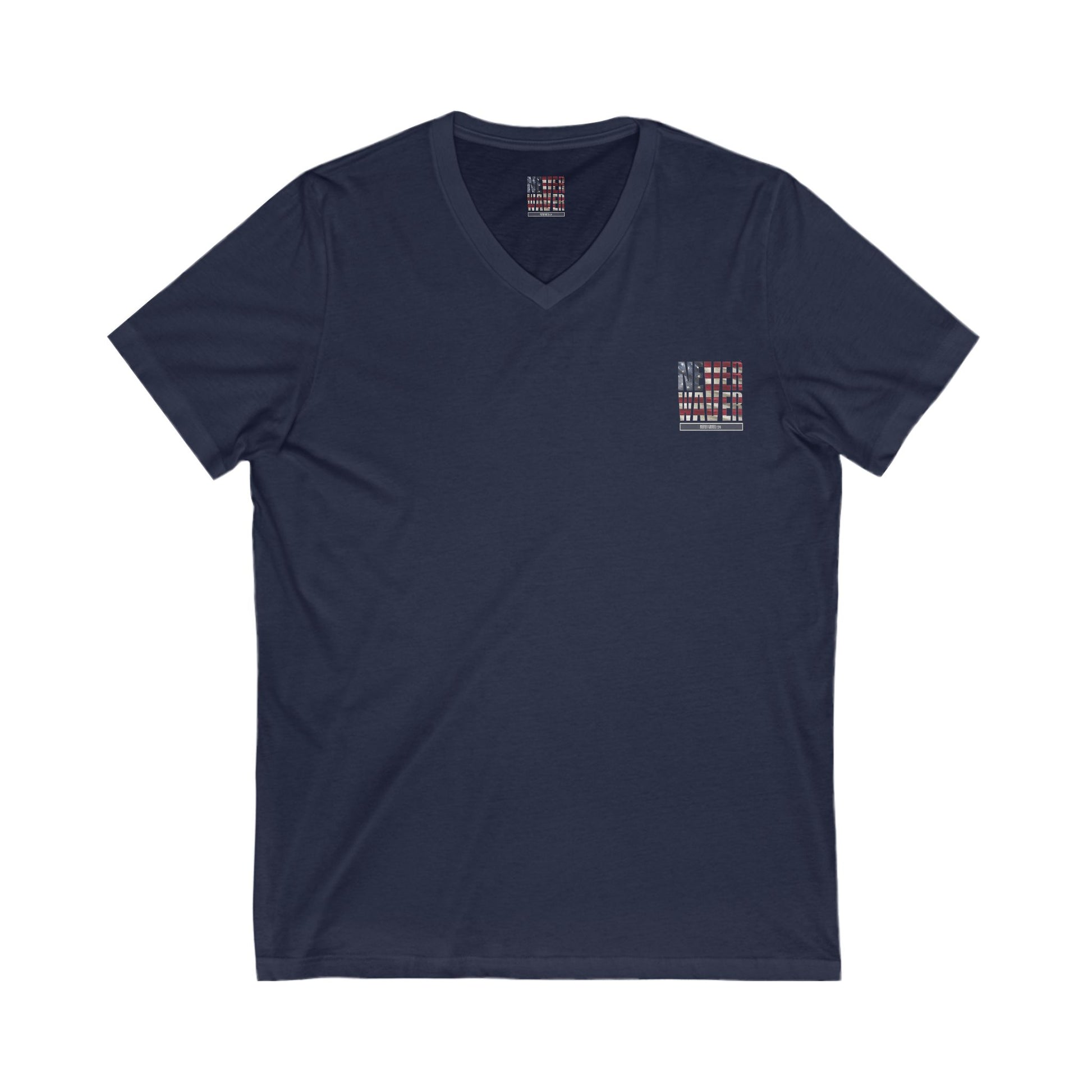 Unisex V-Neck Tee - 'America Never Wavers' Patriotic Shirt - Never Waver
