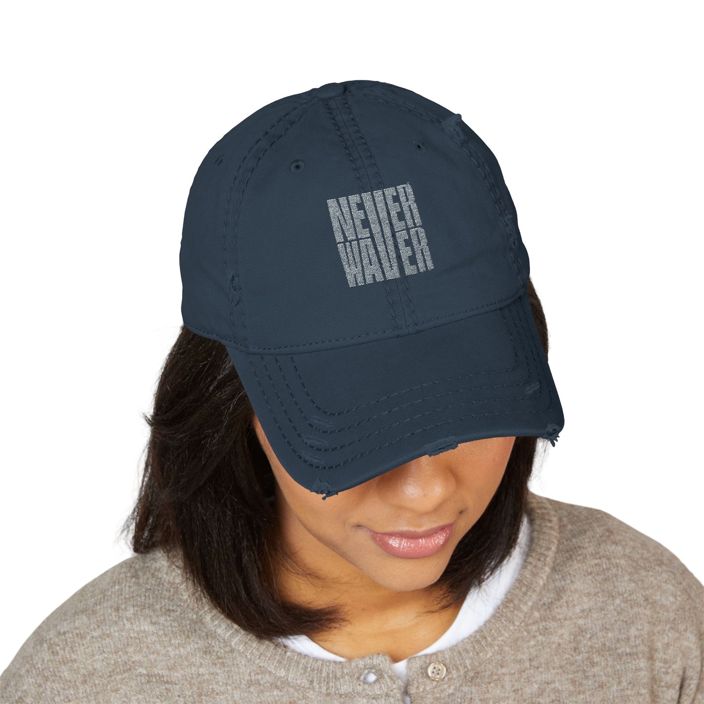 Distressed Dad Hat with 'Never Waver' Embroidery - Casual Style for Everyday Adventures