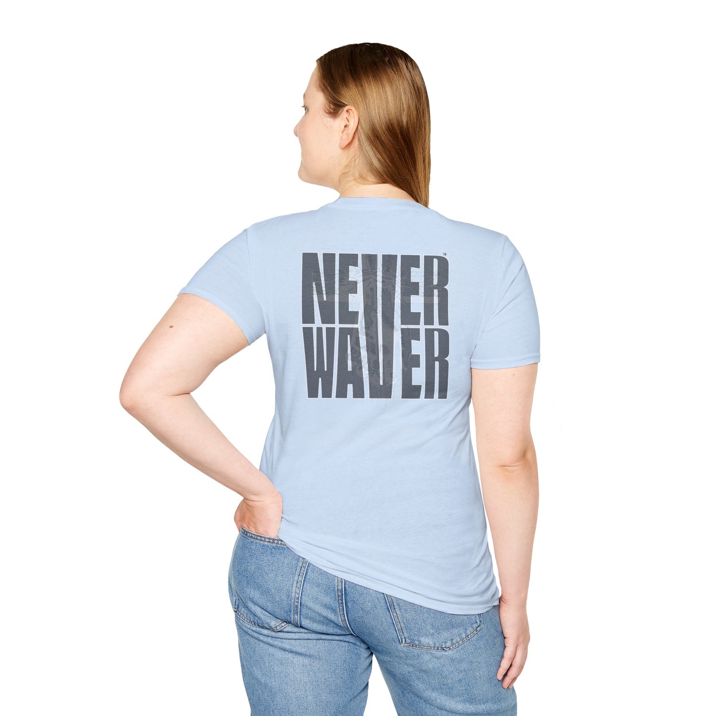 Never Waver” Jesus a bold, eye-catching design that reflects a steadfast faith and confidence in Christ. Unisex Soft style T-Shirt - Never Waver
