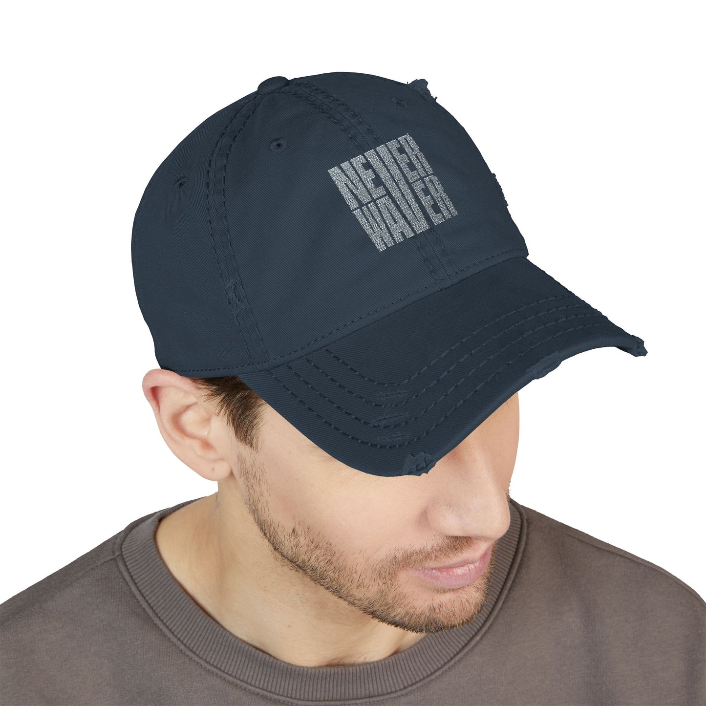 Distressed Dad Hat with 'Never Waver' Embroidery - Casual Style for Everyday Adventures