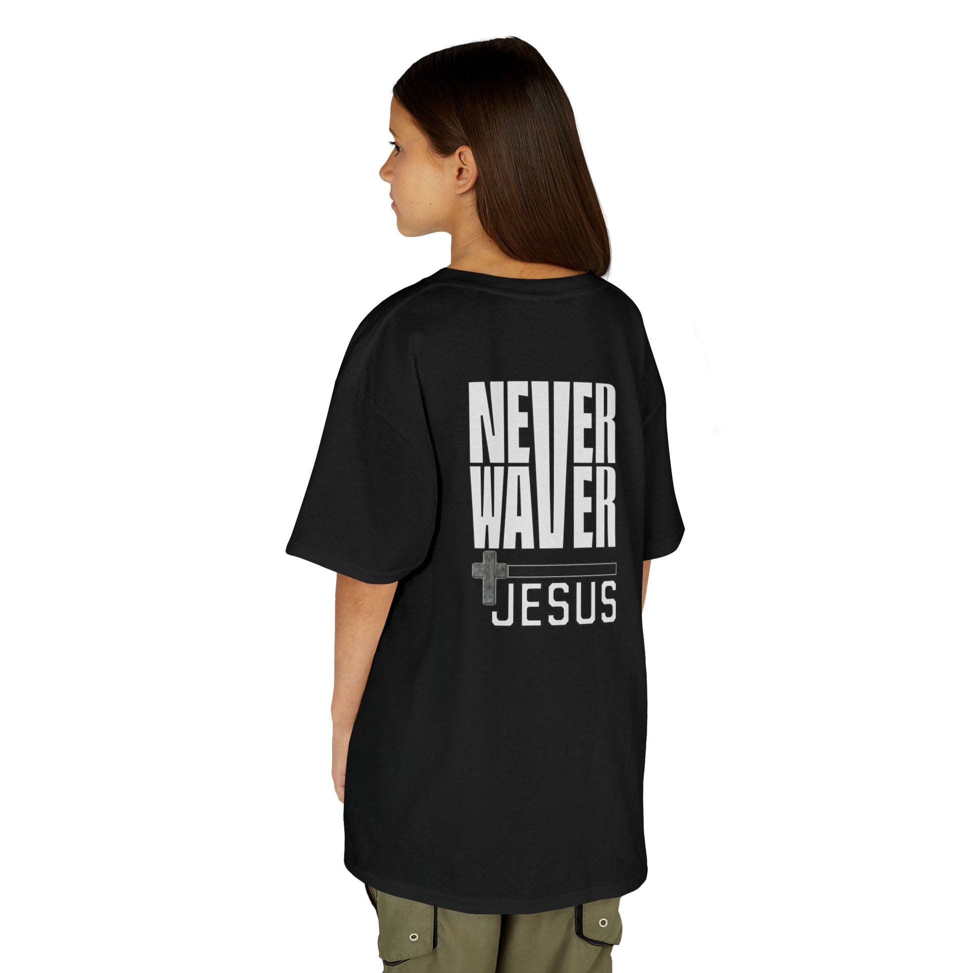 Kids Golf Tee -Never Waver” Jesus a bold, eye-catching design that reflects a steadfast faith and confidence in Christ. - Never Waver