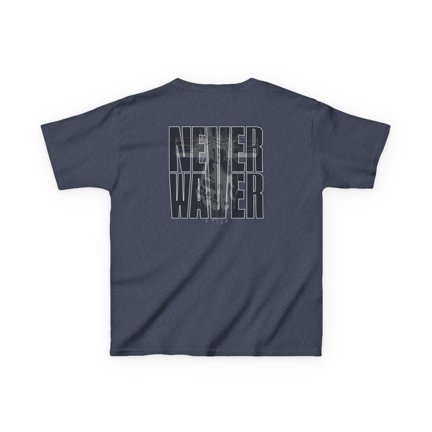 Kids Tee Never Waver” Jesus t-shirt might feature a bold, eye-catching design that reflects a steadfast faith and confidence in Christ.  - Never Waver