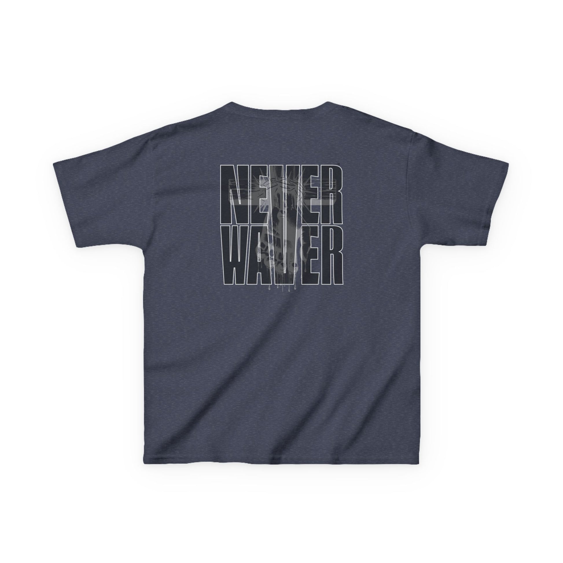 Kids Tee Never Waver” Jesus t-shirt might feature a bold, eye-catching design that reflects a steadfast faith and confidence in Christ.  - Never Waver