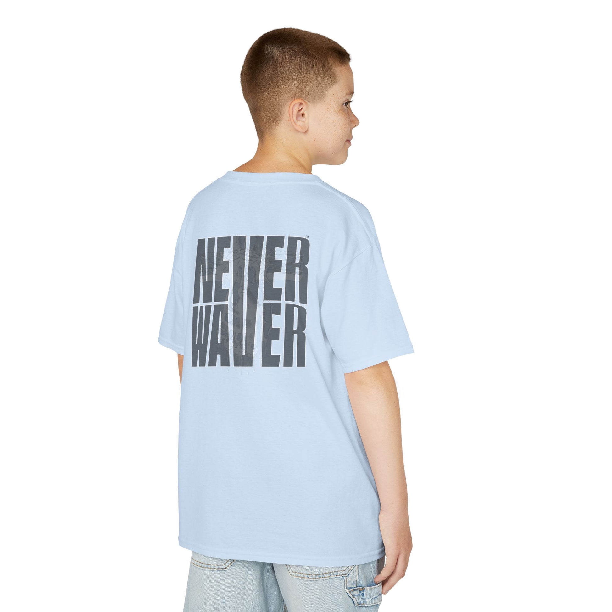 Kids Tee Never Waver” Jesus t-shirt might feature a bold, eye-catching design that reflects a steadfast faith and confidence in Christ.  - Never Waver