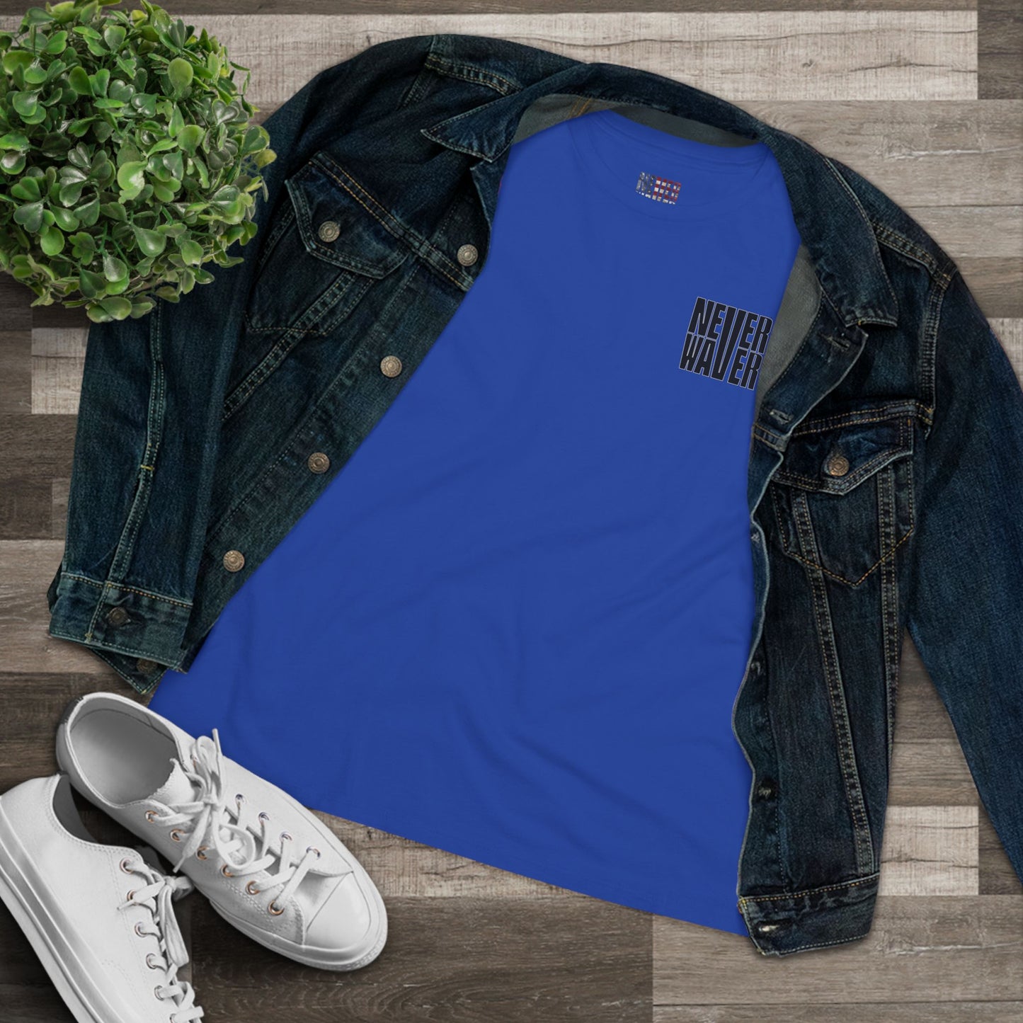 Never Waver” Jesus t-shirt might feature a bold, eye-catching design that reflects a steadfast faith and confidence in Christ.  Women's Cotton Tee - Never Waver