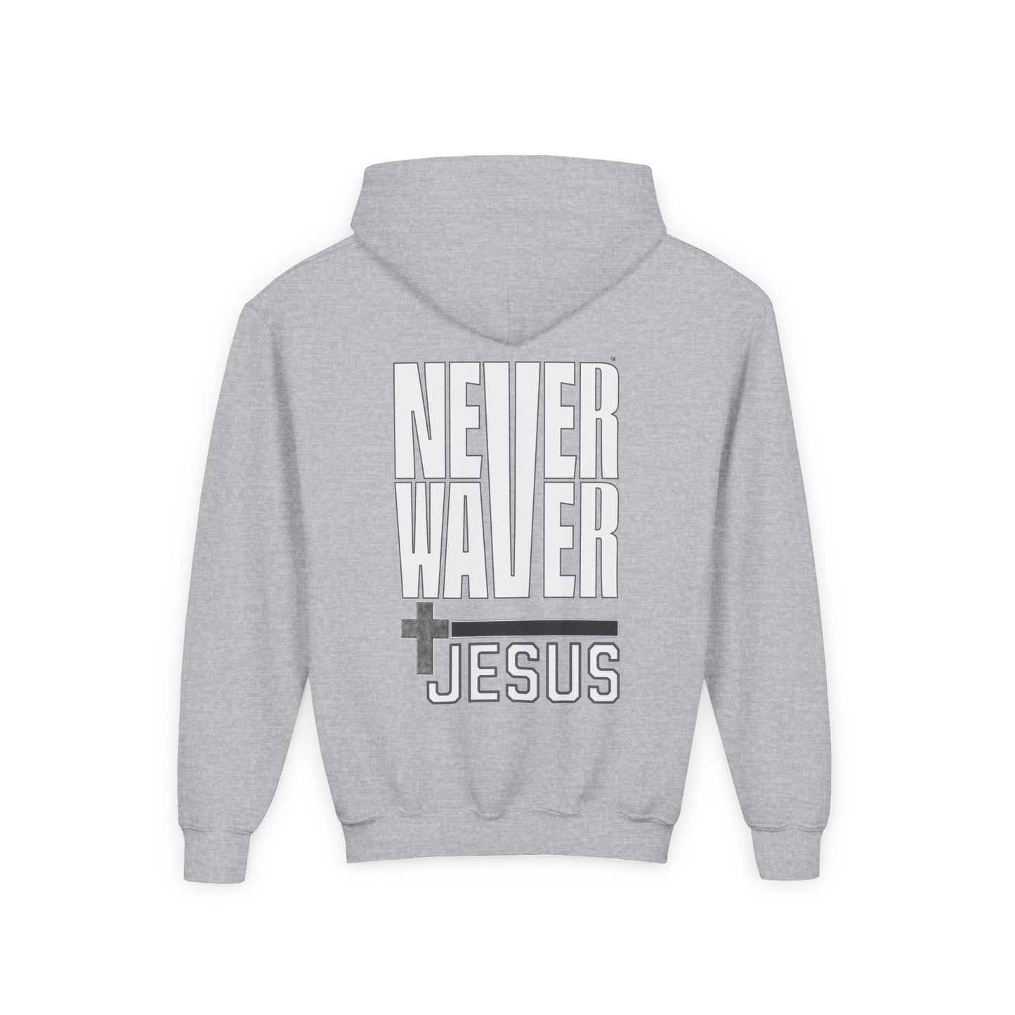 Youth Jesus Hoodie - "Never Waver” Jesus bold, eye-catching design that reflects a steadfast faith and confidence in Christ. " Sweatshirt for Young Jesus Lovers - Never Waver