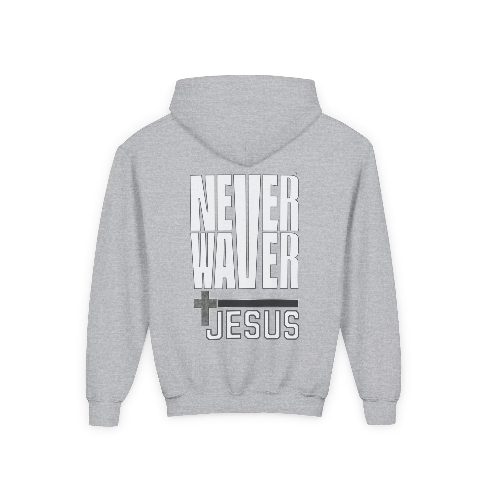 Youth Jesus Hoodie - "Never Waver” Jesus bold, eye-catching design that reflects a steadfast faith and confidence in Christ. " Sweatshirt for Young Jesus Lovers - Never Waver