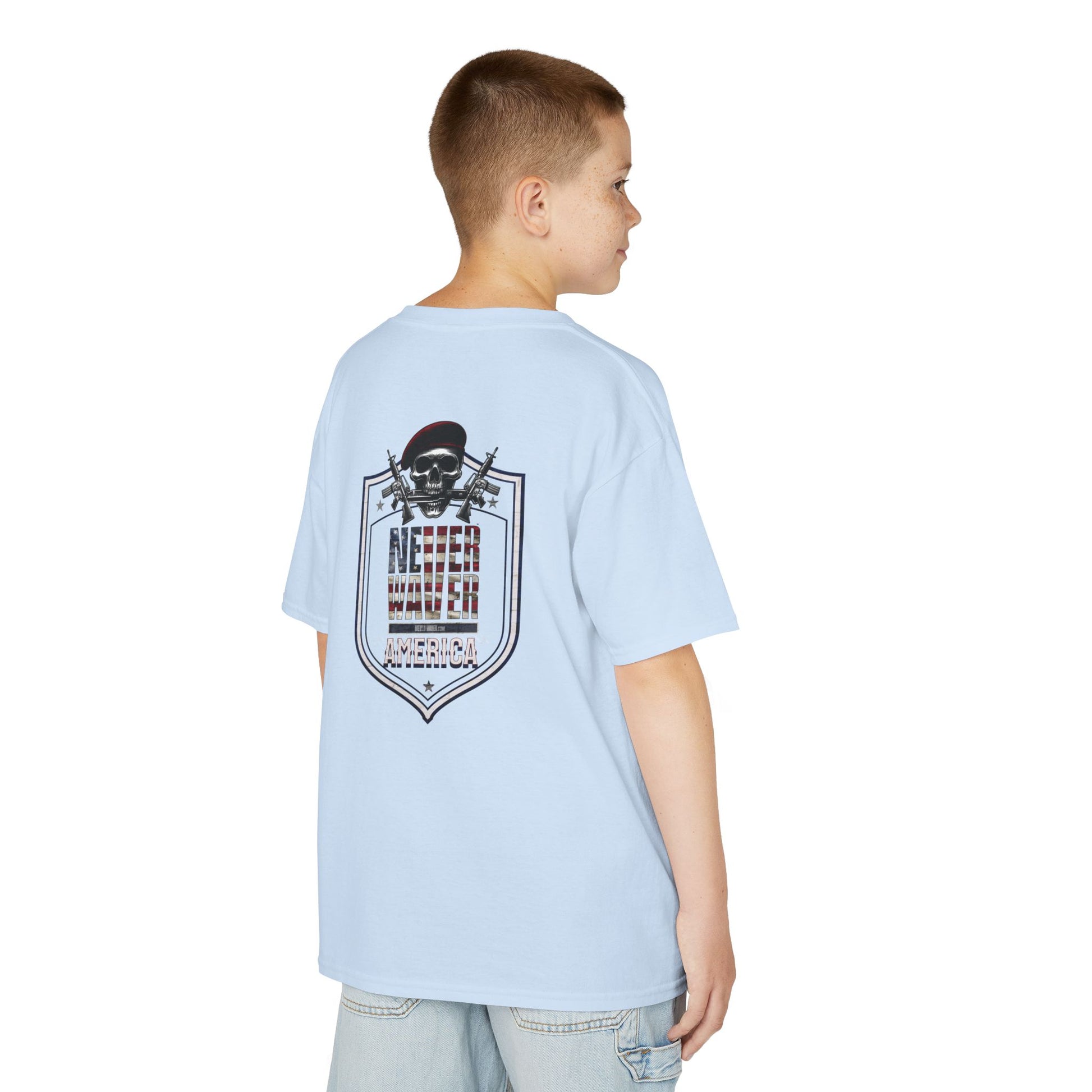 Patriotic Kids Heavy Cotton Tee - 'America Never Waver' USA Graphic Tee - Never Waver