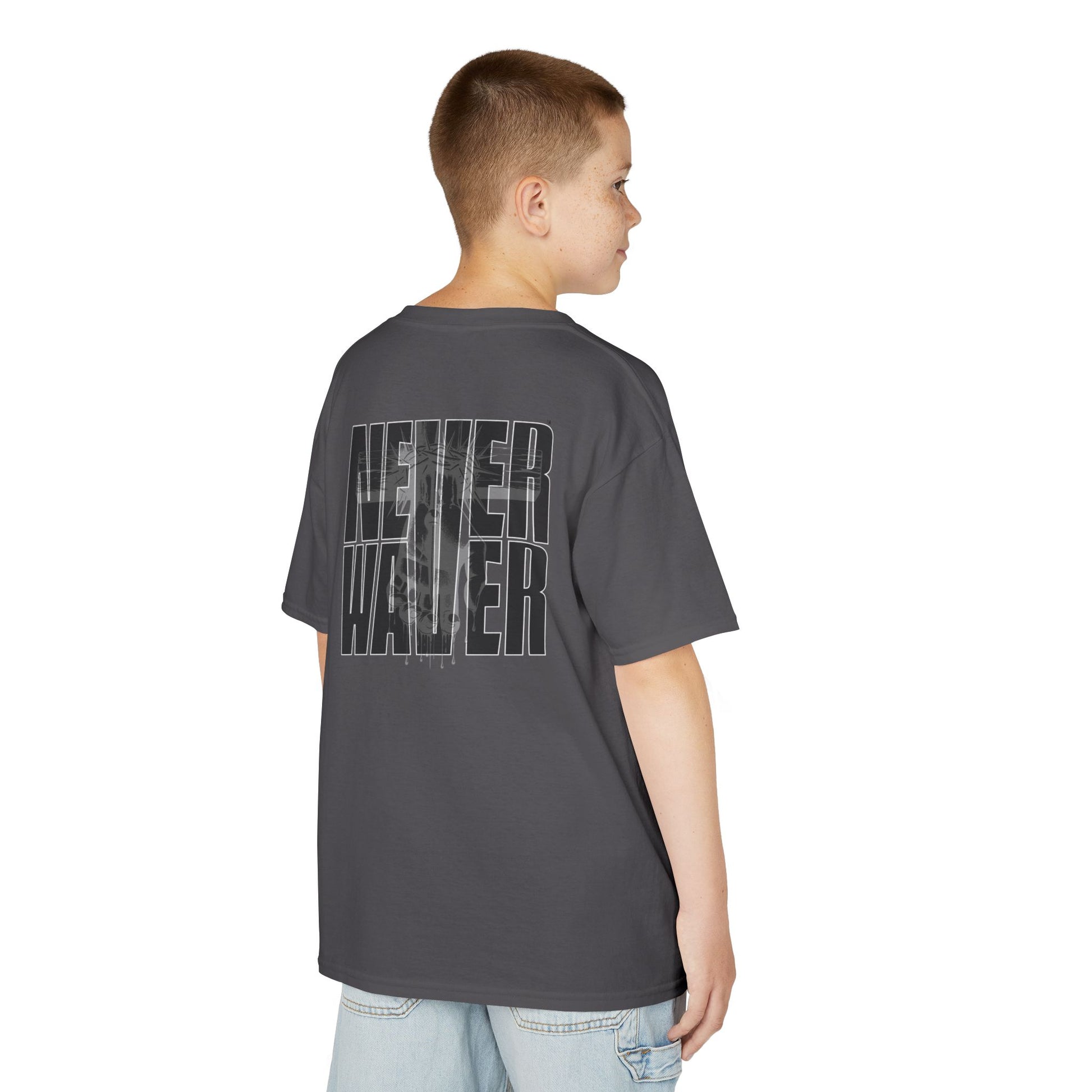 Kids Tee Never Waver” Jesus t-shirt might feature a bold, eye-catching design that reflects a steadfast faith and confidence in Christ.  - Never Waver