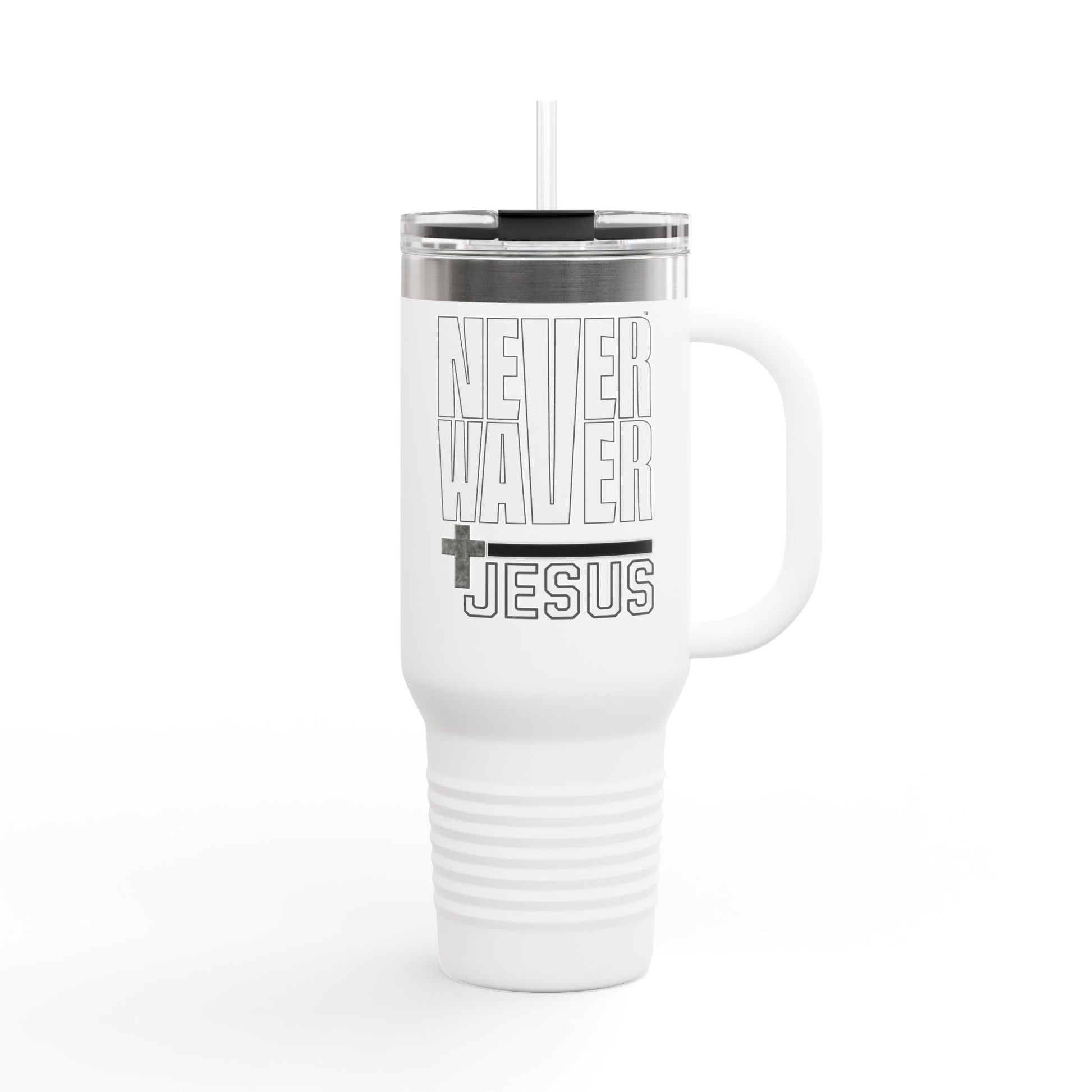 Insulated Travel Mug - "Never Waver” Jesus a bold, eye-catching design that reflects a steadfast faith and confidence in Christ. " - 40oz Sporty Drinkware - Never Waver