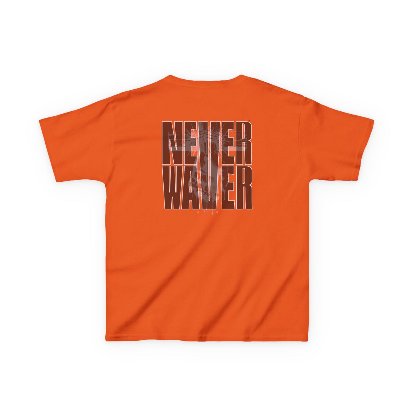 Kids Tee Never Waver” Jesus t-shirt might feature a bold, eye-catching design that reflects a steadfast faith and confidence in Christ.  - Never Waver