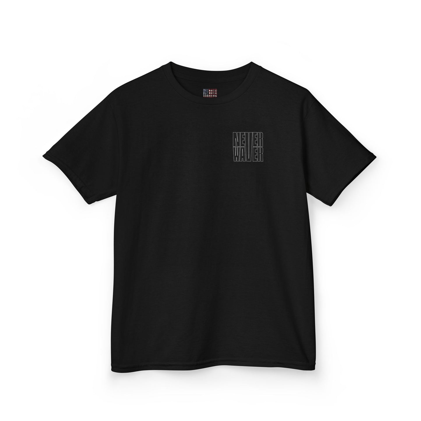 Kids Tee Never Waver” Jesus t-shirt might feature a bold, eye-catching design that reflects a steadfast faith and confidence in Christ.  - Never Waver