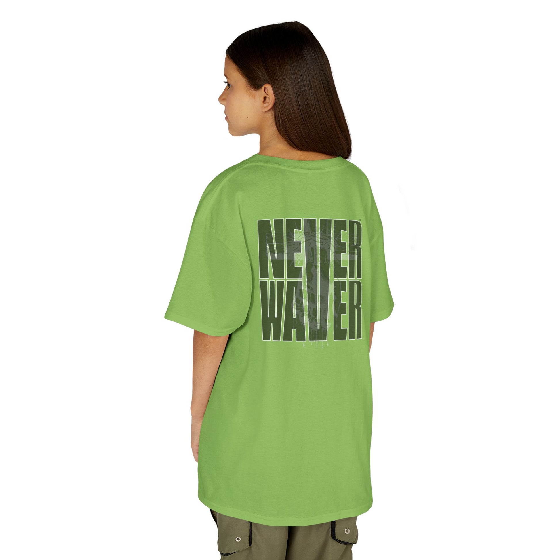 Kids Tee Never Waver” Jesus t-shirt might feature a bold, eye-catching design that reflects a steadfast faith and confidence in Christ.  - Never Waver