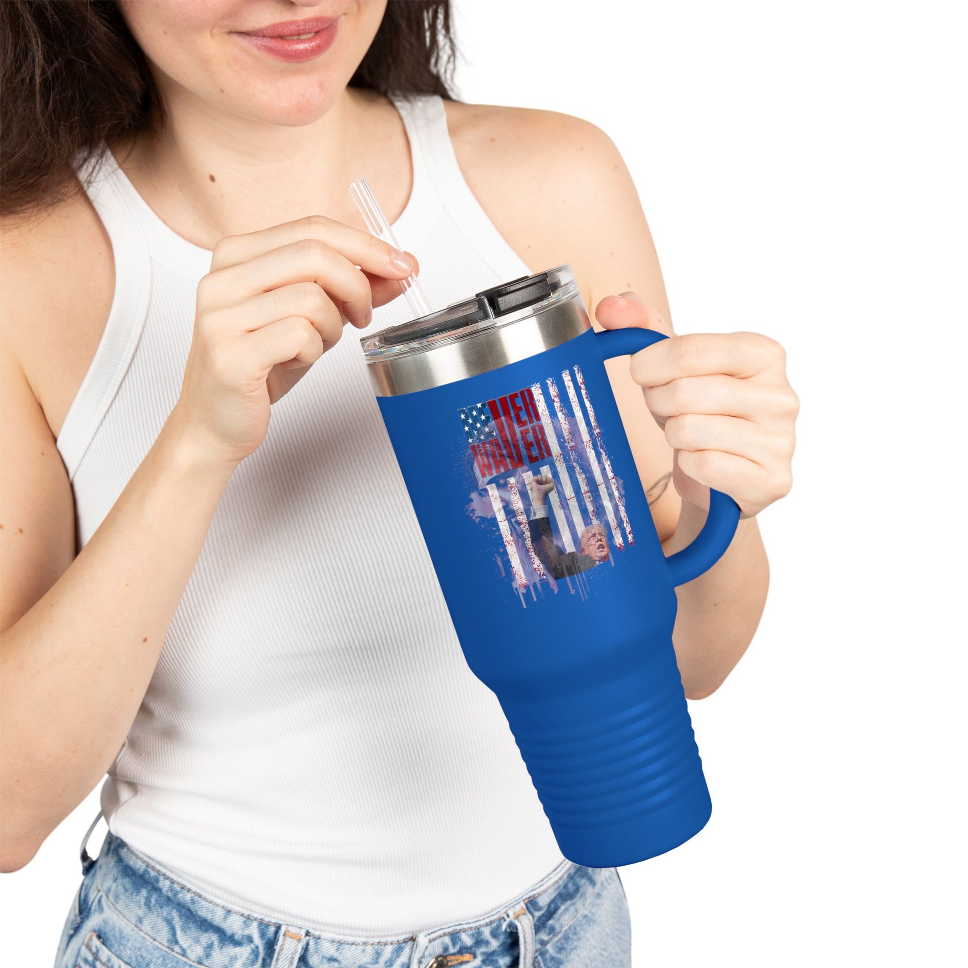 Never Waver Trump Fist Pump w Jesus Protection Insulated Travel Mug, 40oz - Never Waver