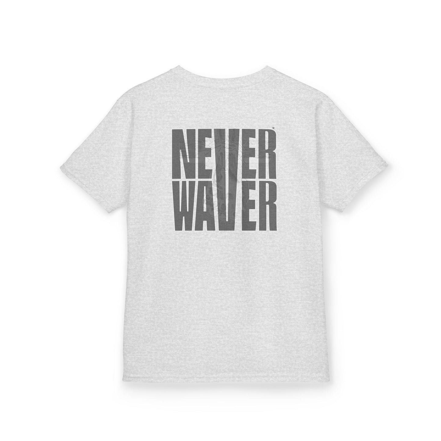 Kids Tee Never Waver” Jesus t-shirt might feature a bold, eye-catching design that reflects a steadfast faith and confidence in Christ.  - Never Waver