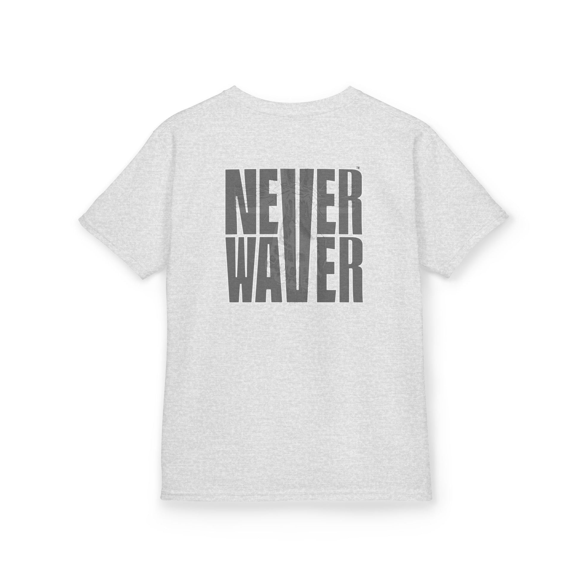 Kids Tee Never Waver” Jesus t-shirt might feature a bold, eye-catching design that reflects a steadfast faith and confidence in Christ.  - Never Waver