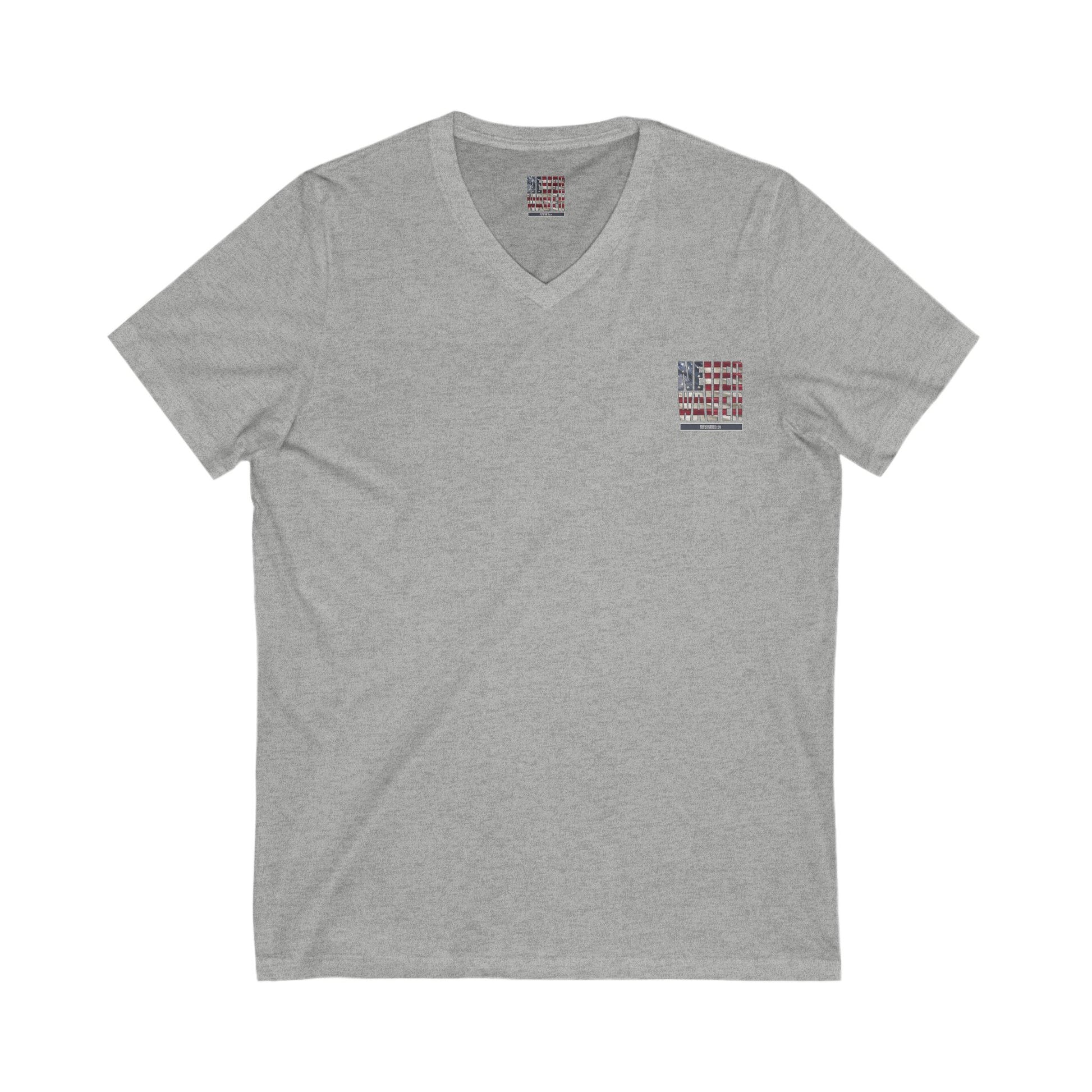 Unisex V-Neck Tee - 'America Never Wavers' Patriotic Shirt - Never Waver