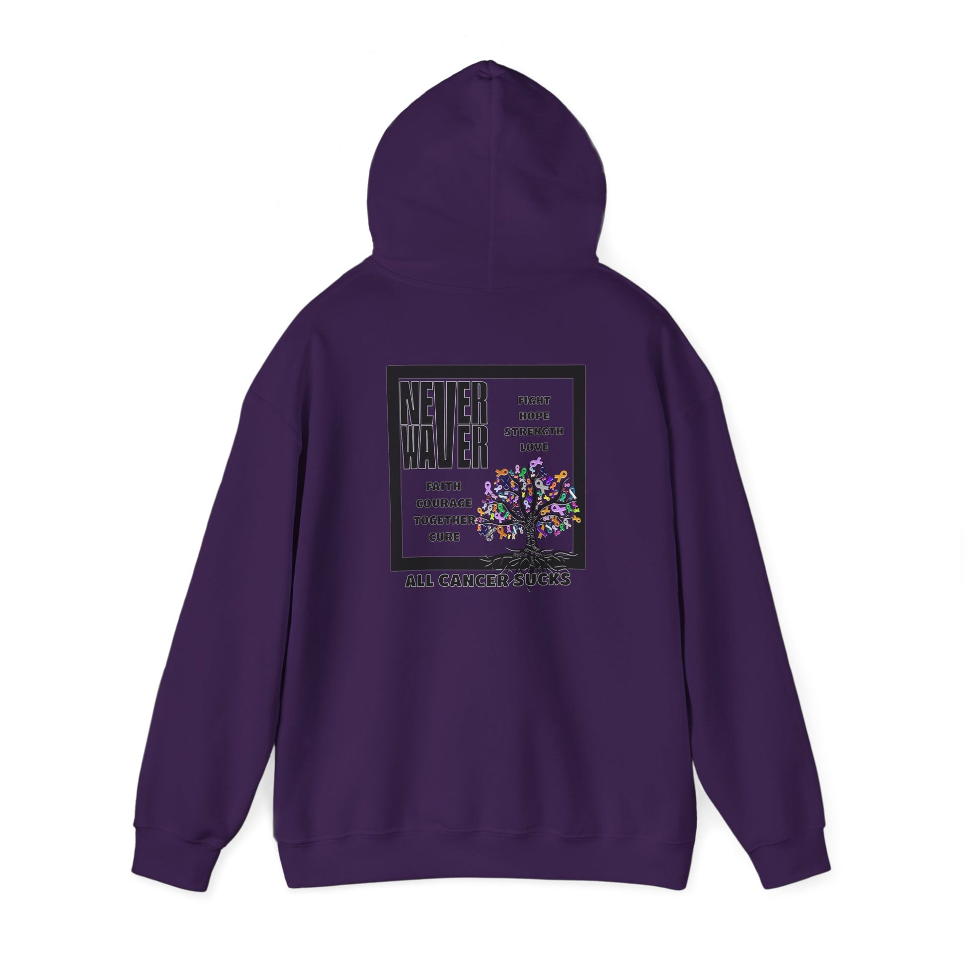 Cancer Awareness Hoodie - Never Waver - Fight, Hope, Strength, Love Tree of Ribbons - Never Waver