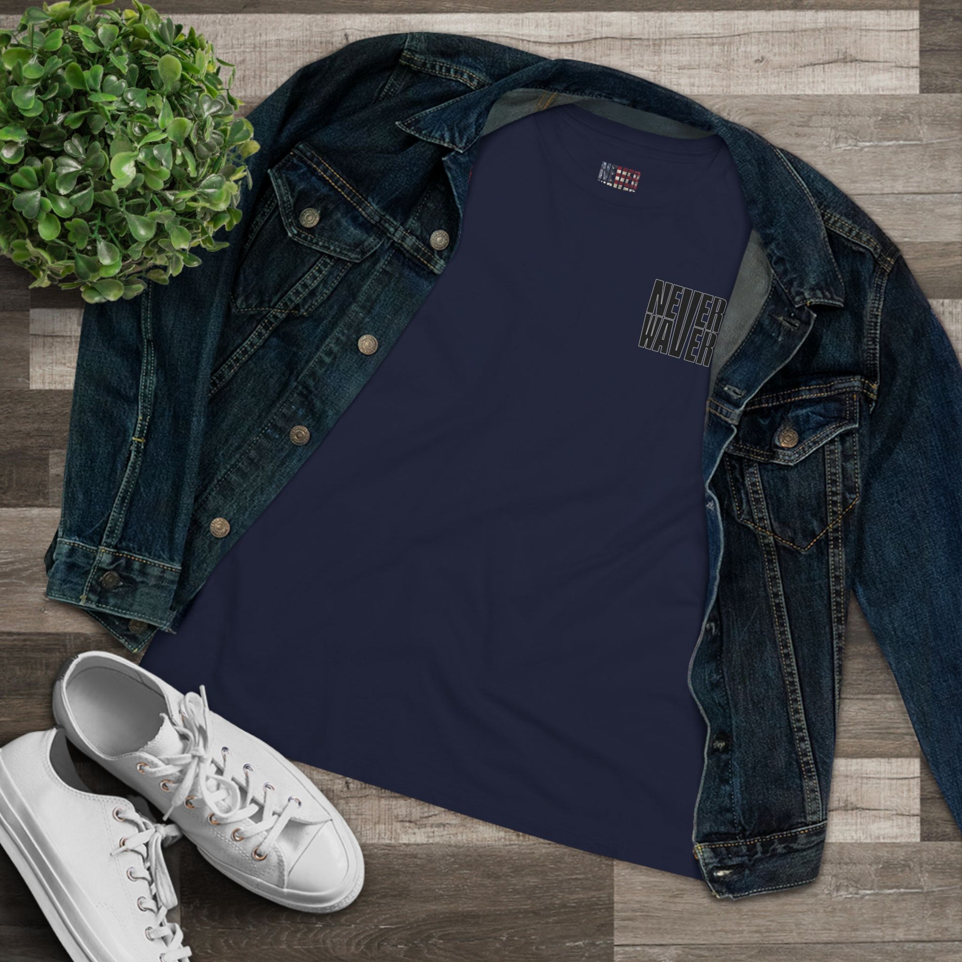 Never Waver” Jesus t-shirt might feature a bold, eye-catching design that reflects a steadfast faith and confidence in Christ.  Women's Cotton Tee - Never Waver