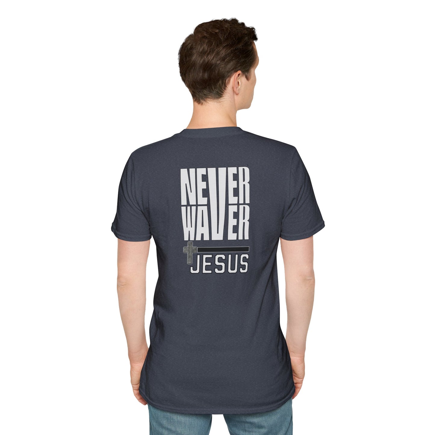 Never Waver” Jesus a bold, eye-catching design that reflects a steadfast faith and confidence in Christ.  Unisex Soft style T-Shirt
