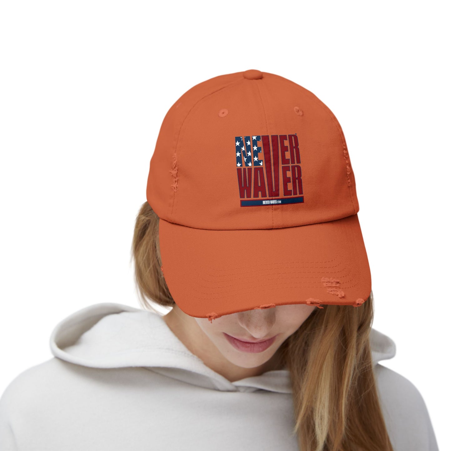 Unisex Distressed Cap - 'Never Waver' Casual Hat for Everyday Style Patriotic