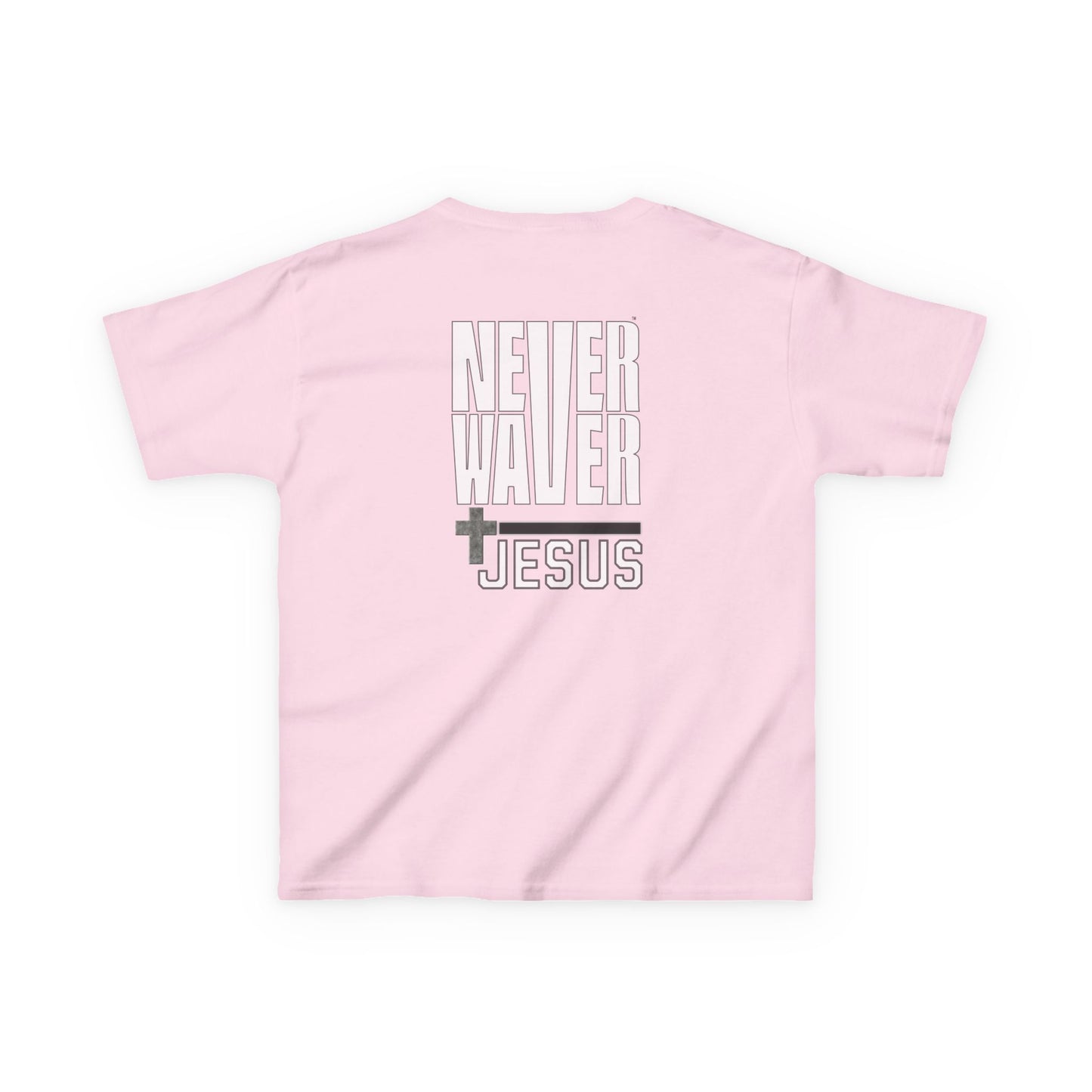 Kids Golf Tee -Never Waver” Jesus a bold, eye-catching design that reflects a steadfast faith and confidence in Christ. - Never Waver