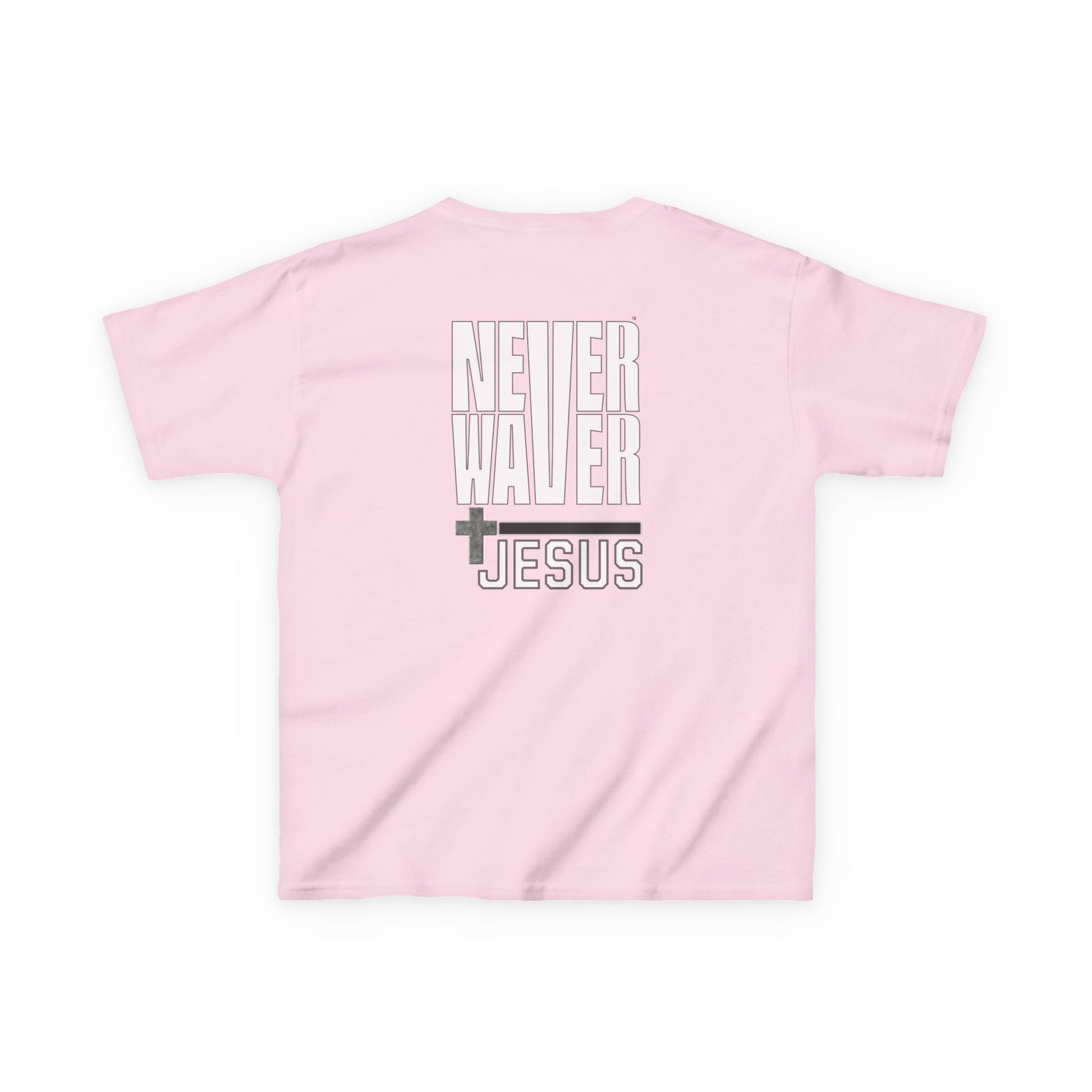 Kids Golf Tee -Never Waver” Jesus a bold, eye-catching design that reflects a steadfast faith and confidence in Christ. - Never Waver